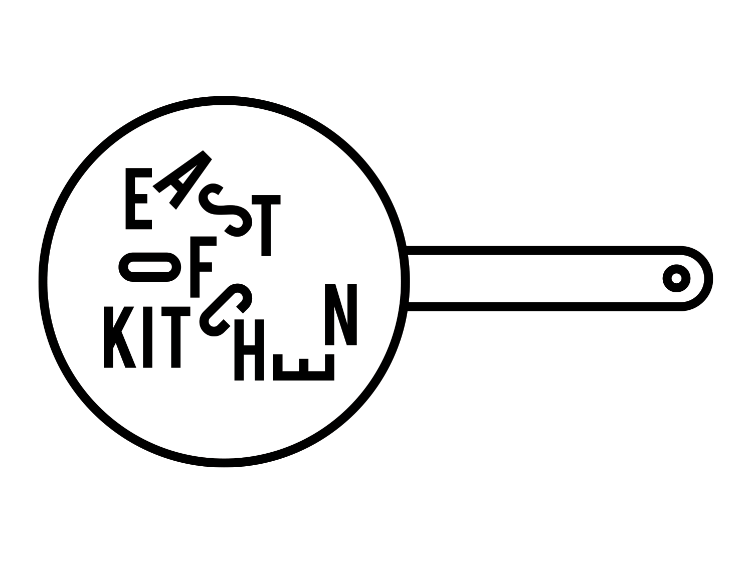 Black outline frying pan icon containing the East of Kitchen logo