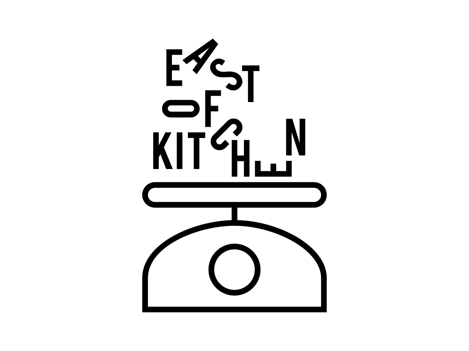 Black outline kitchen scale icon containing the East of Kitchen logo