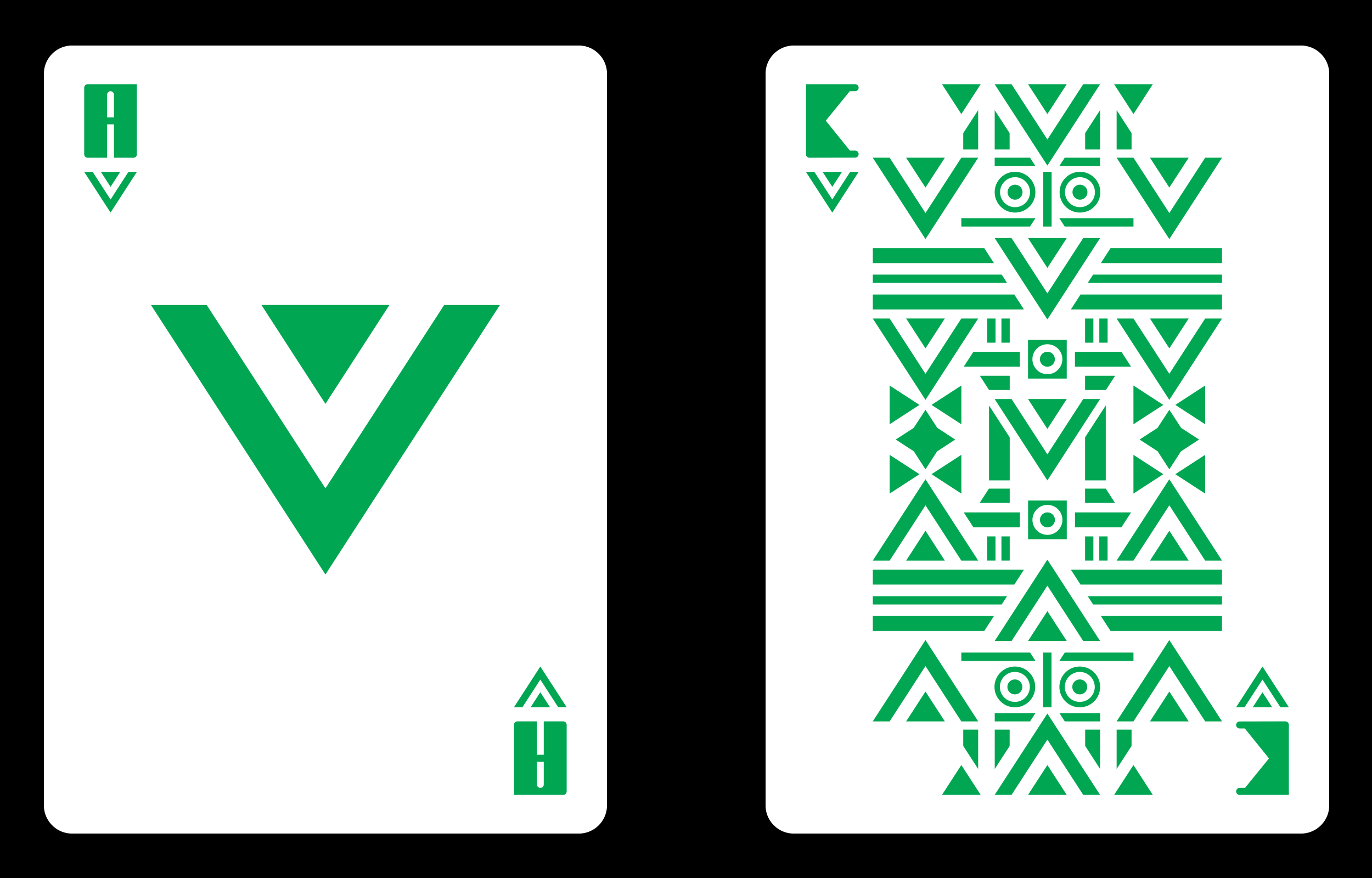 Two green geometric playing cards with triangular Earth-like symbols