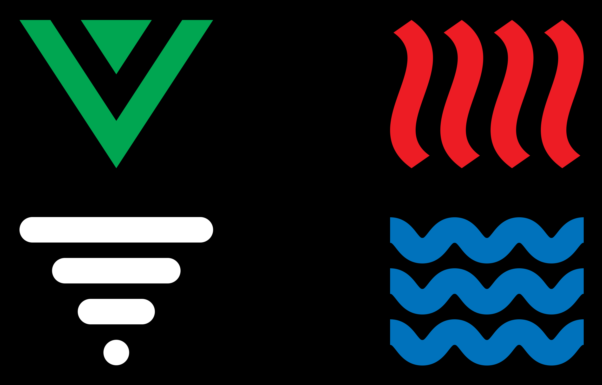 Four large coloured elemental symbols arranged in a square on black