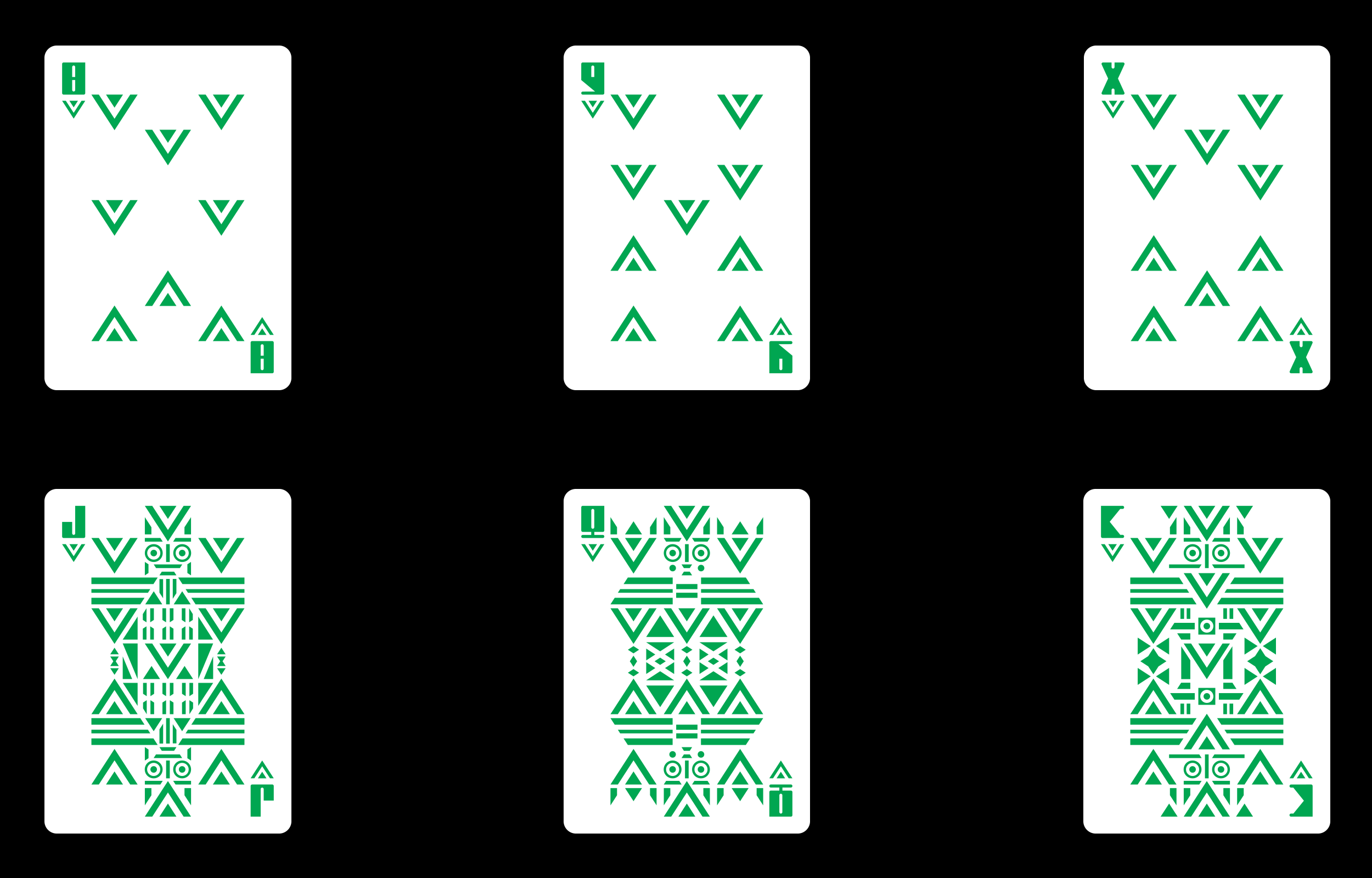 Six green geometric playing cards arranged on black