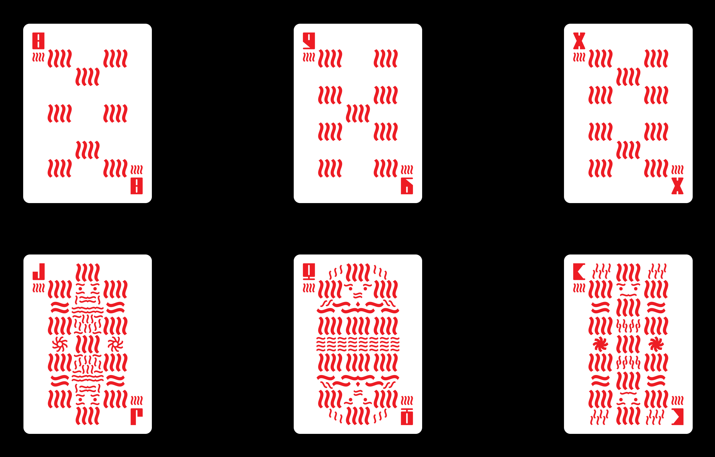 Six red geometric playing cards arranged on black