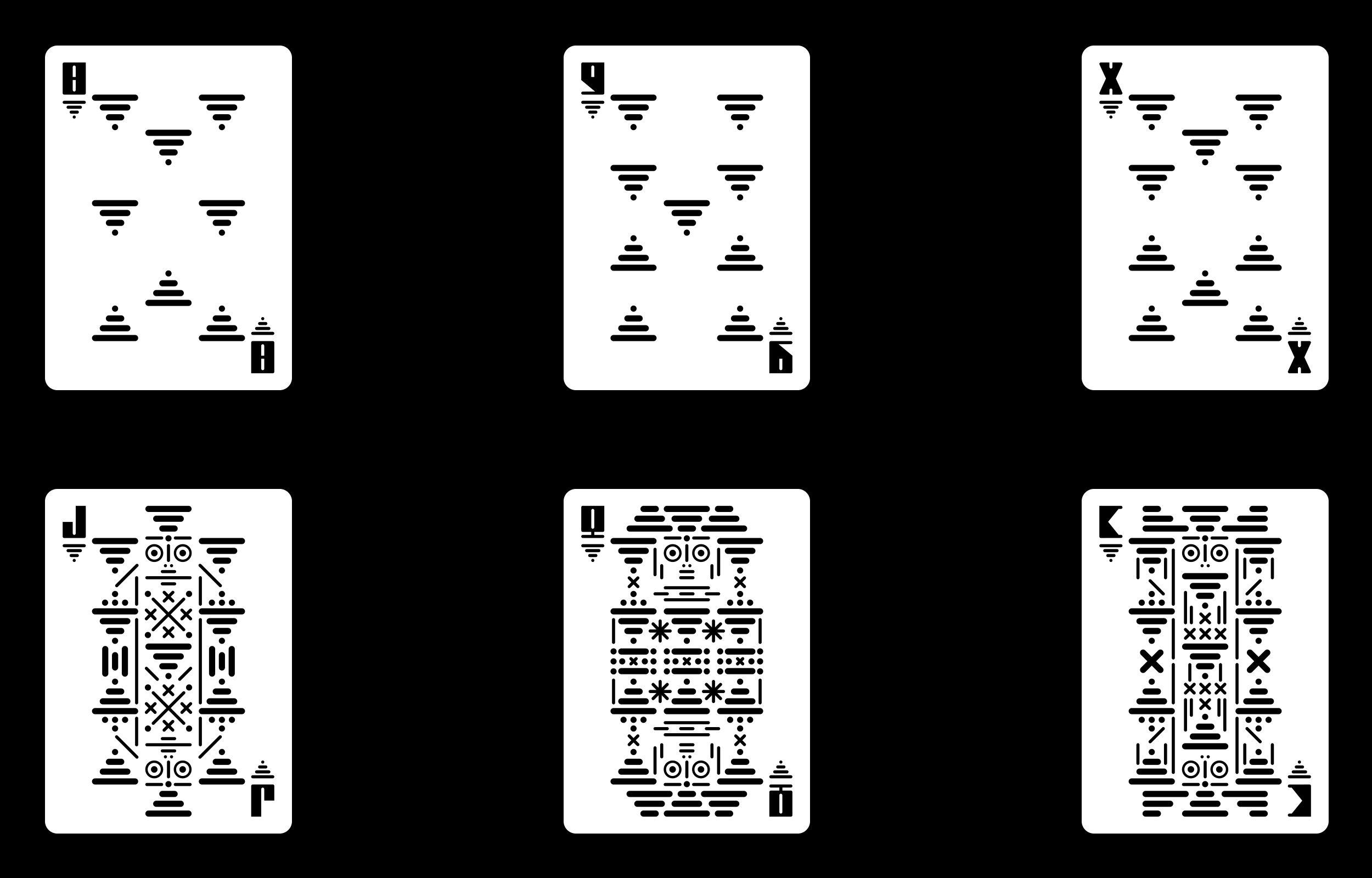 Six black geometric playing cards arranged on black