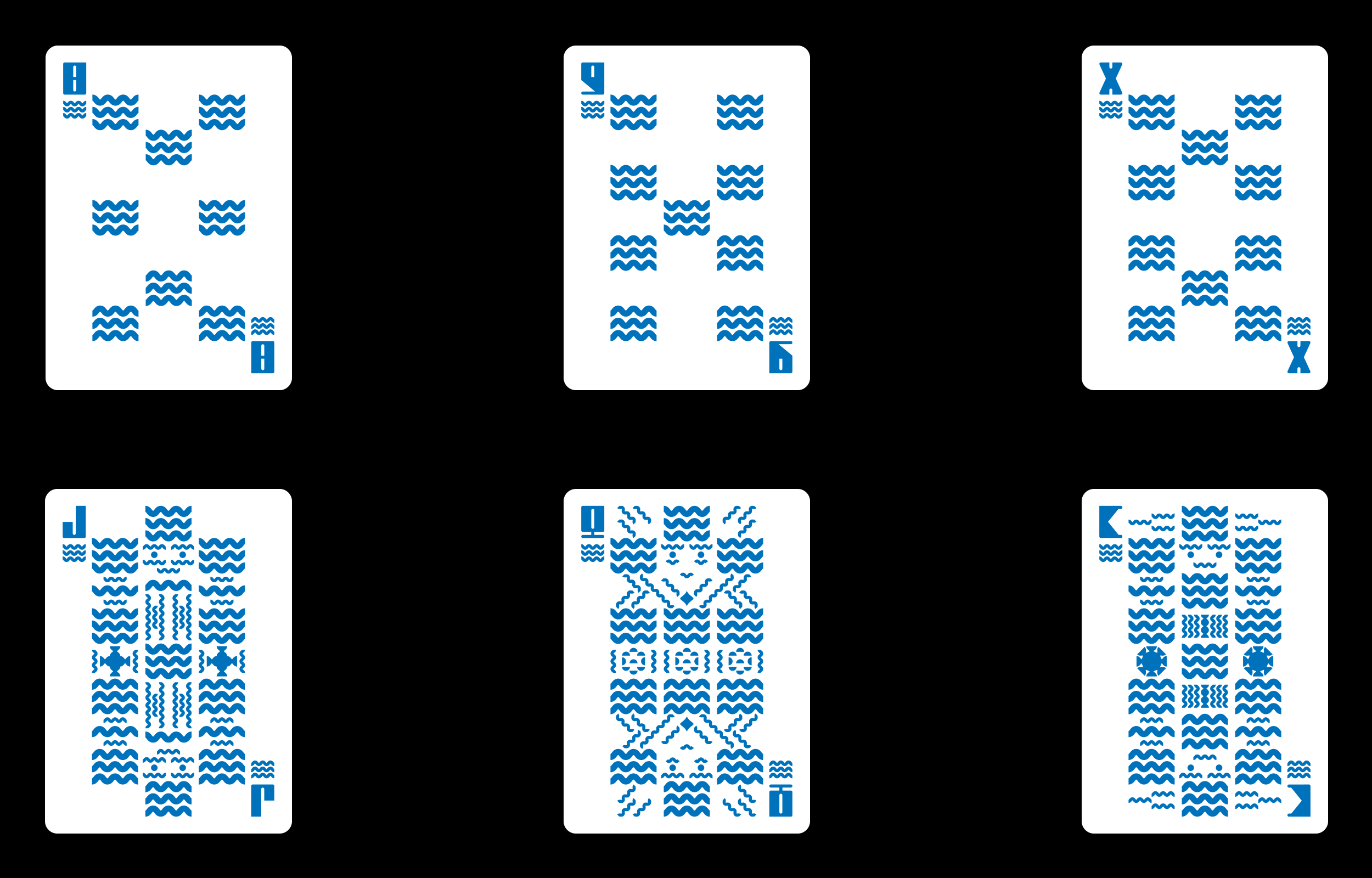 Six blue geometric playing cards arranged on black