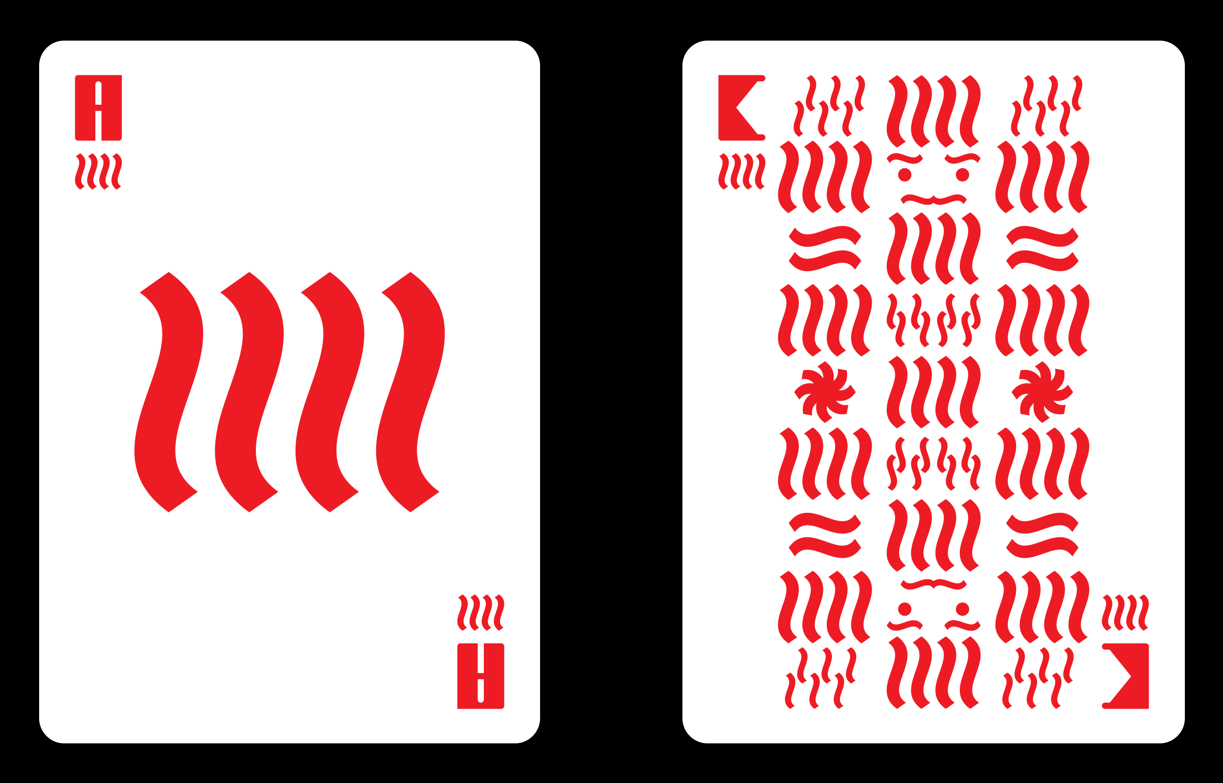 Two red geometric playing cards with repeating wavy Fire-like symbols