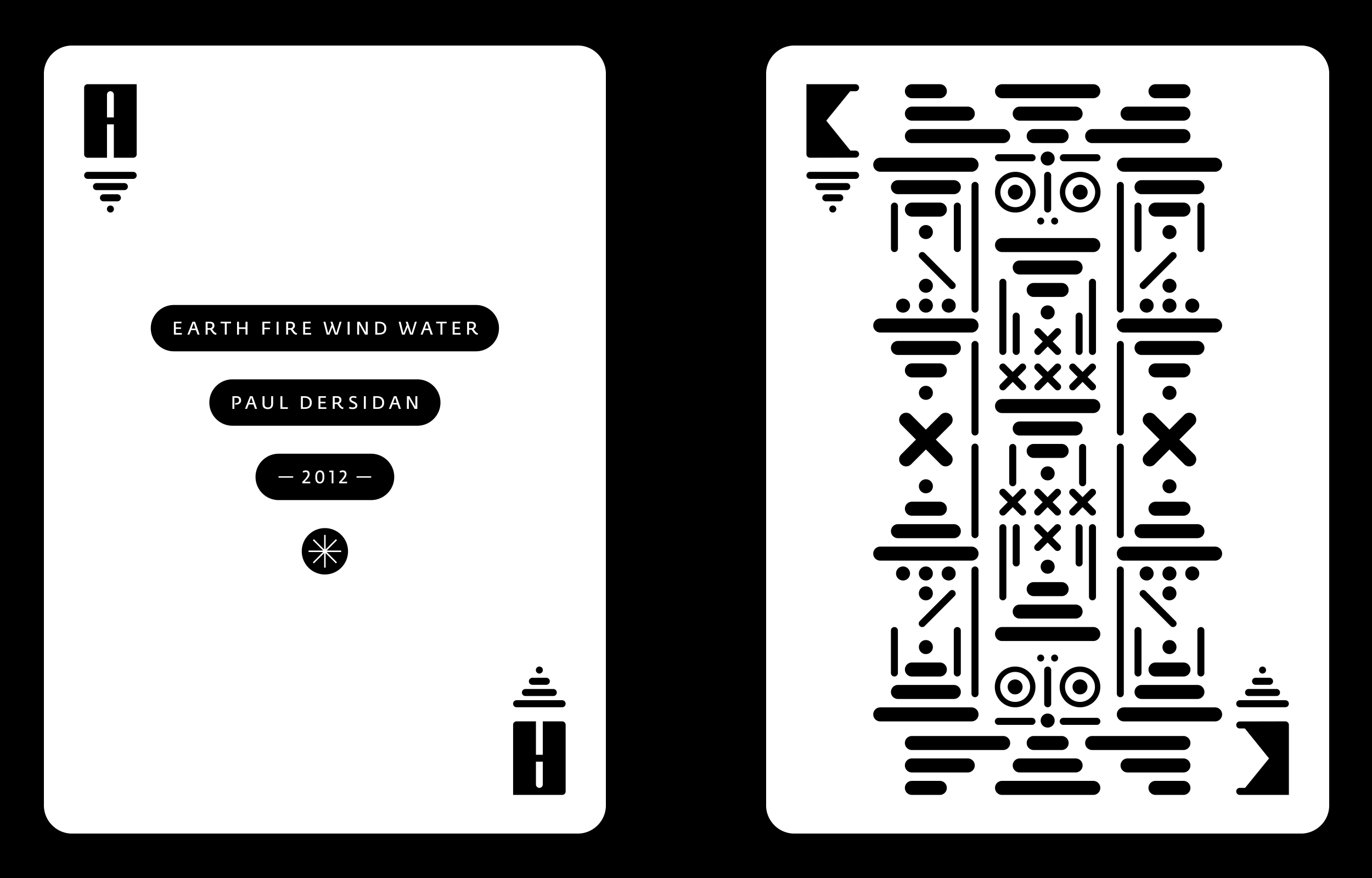 Two black geometric playing cards with tiered Wind-like symbols
