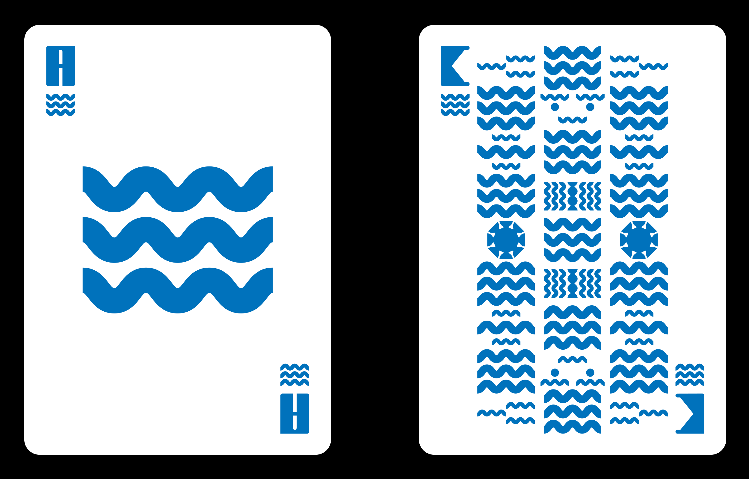 Two blue geometric playing cards with repeating wavy Water-like symbols