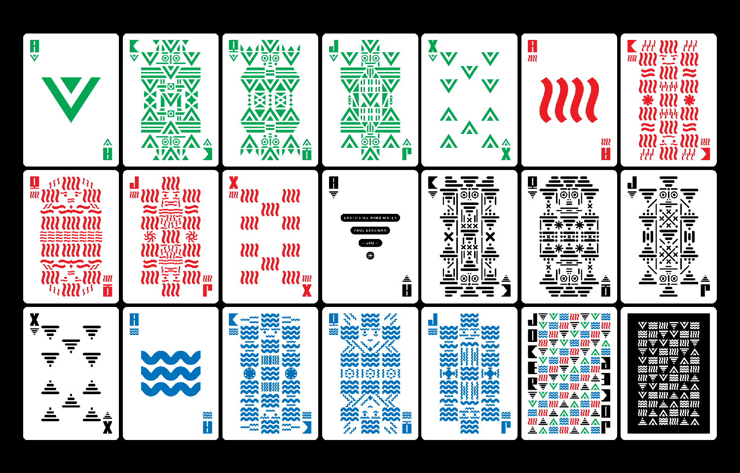 Grid of illustrated playing cards in red, green, blue, and black