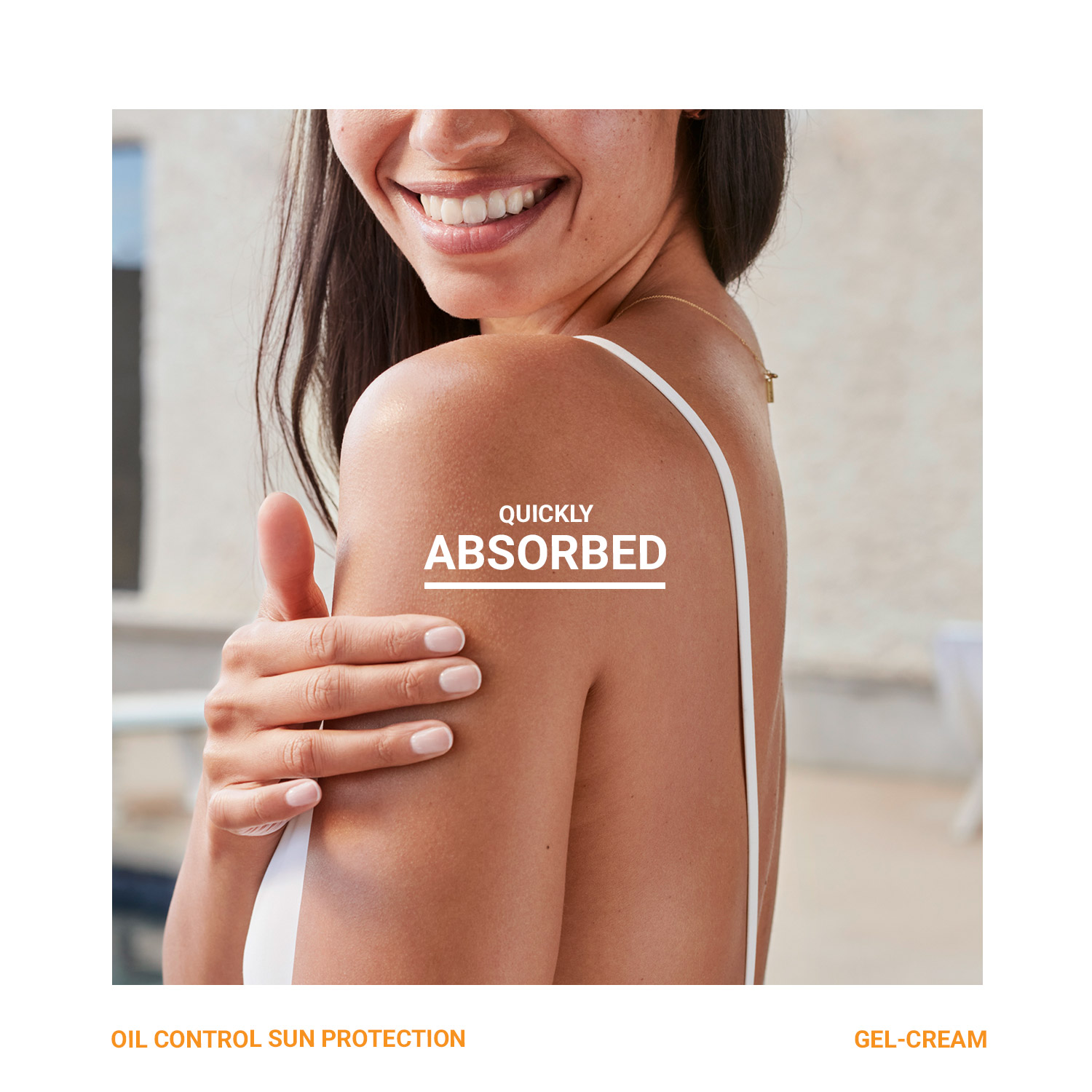 Woman applying sunscreen to her shoulder with white product streaks