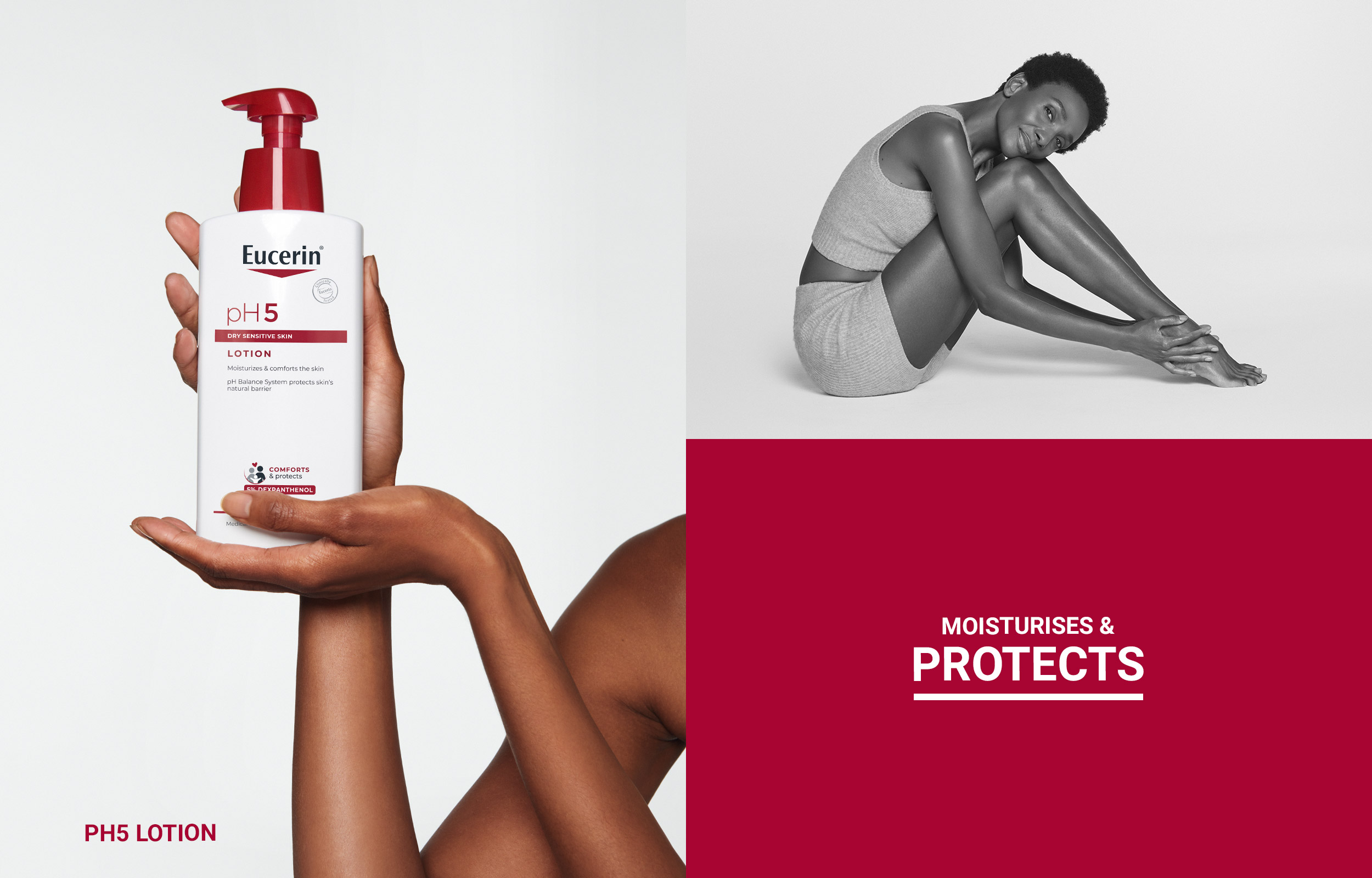 Hand holding a red-pump Eucerin lotion bottle beside a seated woman