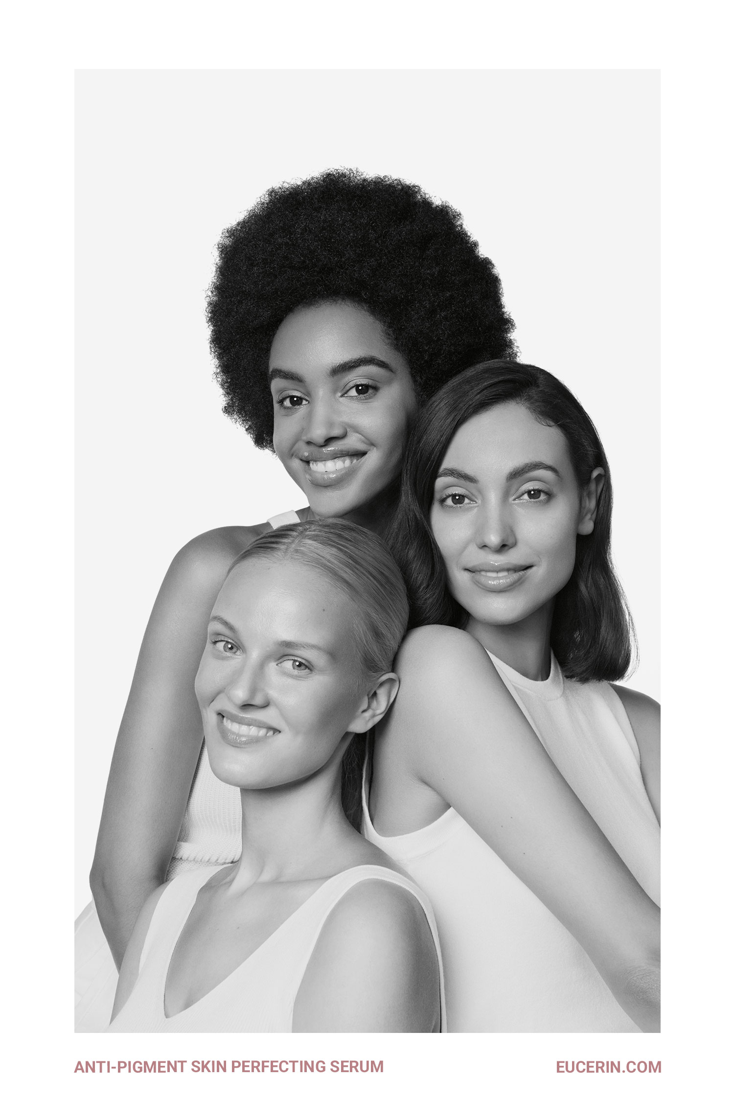 Black-and-white portrait of three women in an Eucerin serum campaign