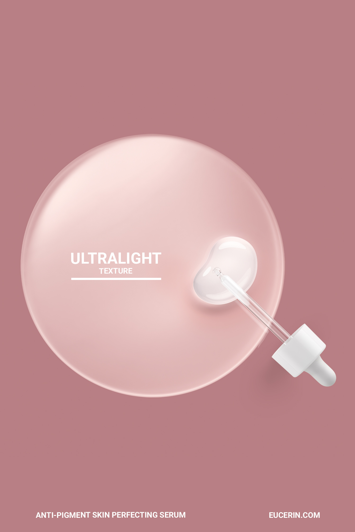 Pale pink product bubble with a white Eucerin serum bottle