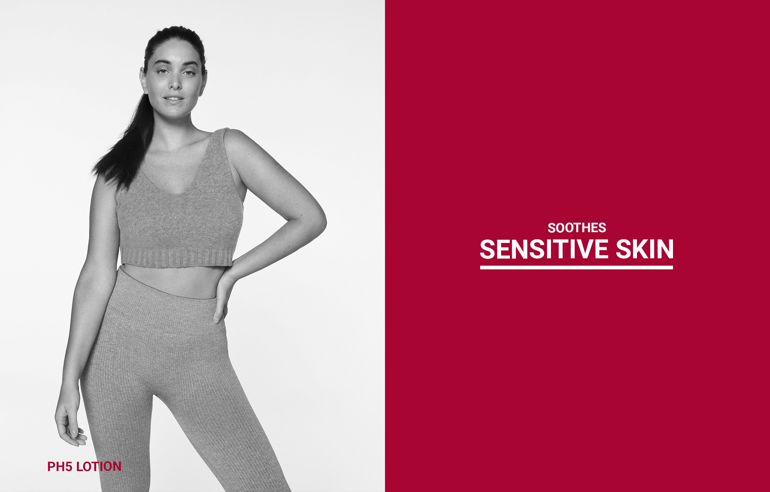 Woman in grey clothing beside burgundy Eucerin Sensitive Skin text
