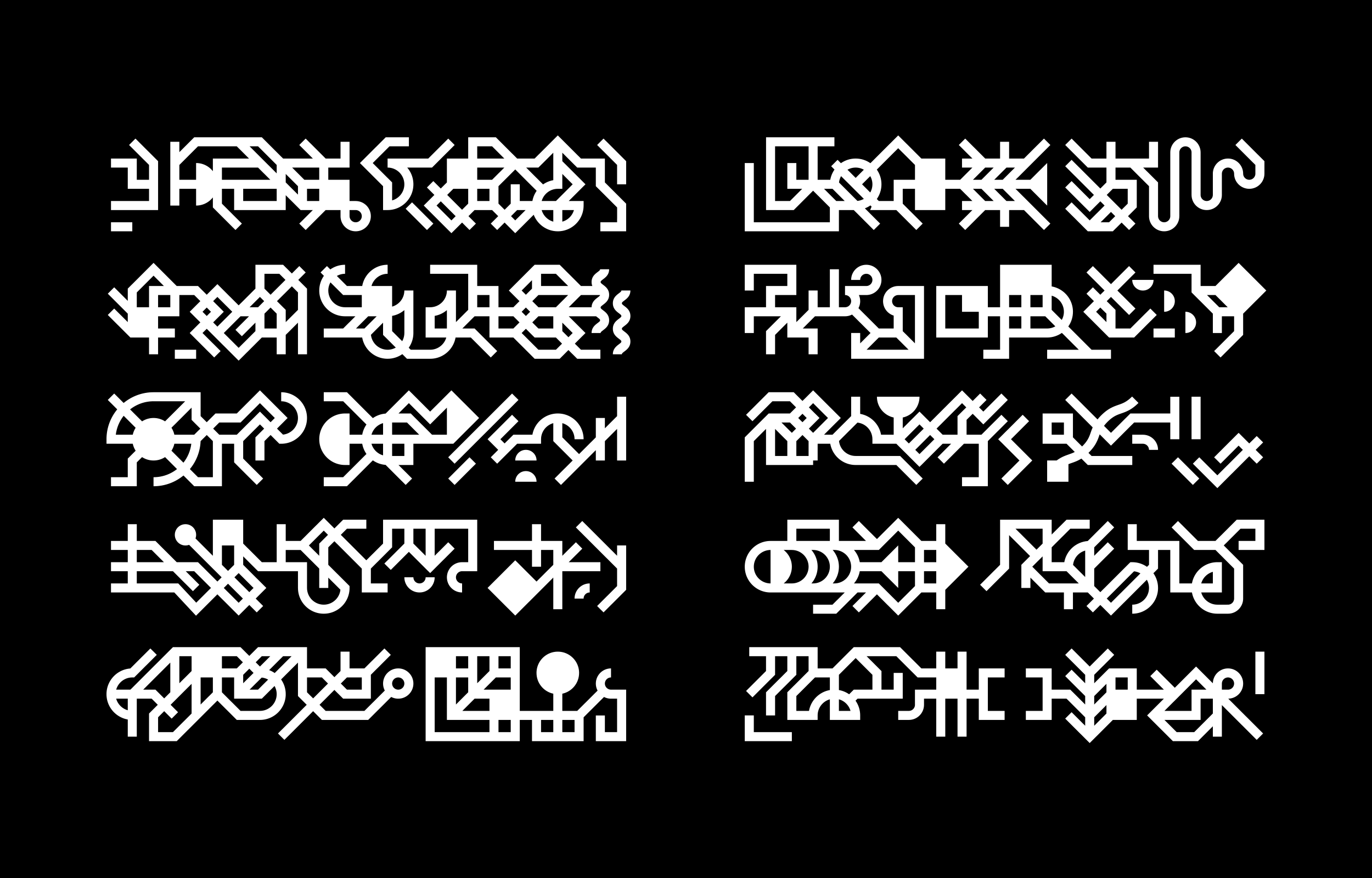 Two columns of white handwritten-style geometric glyphs on black