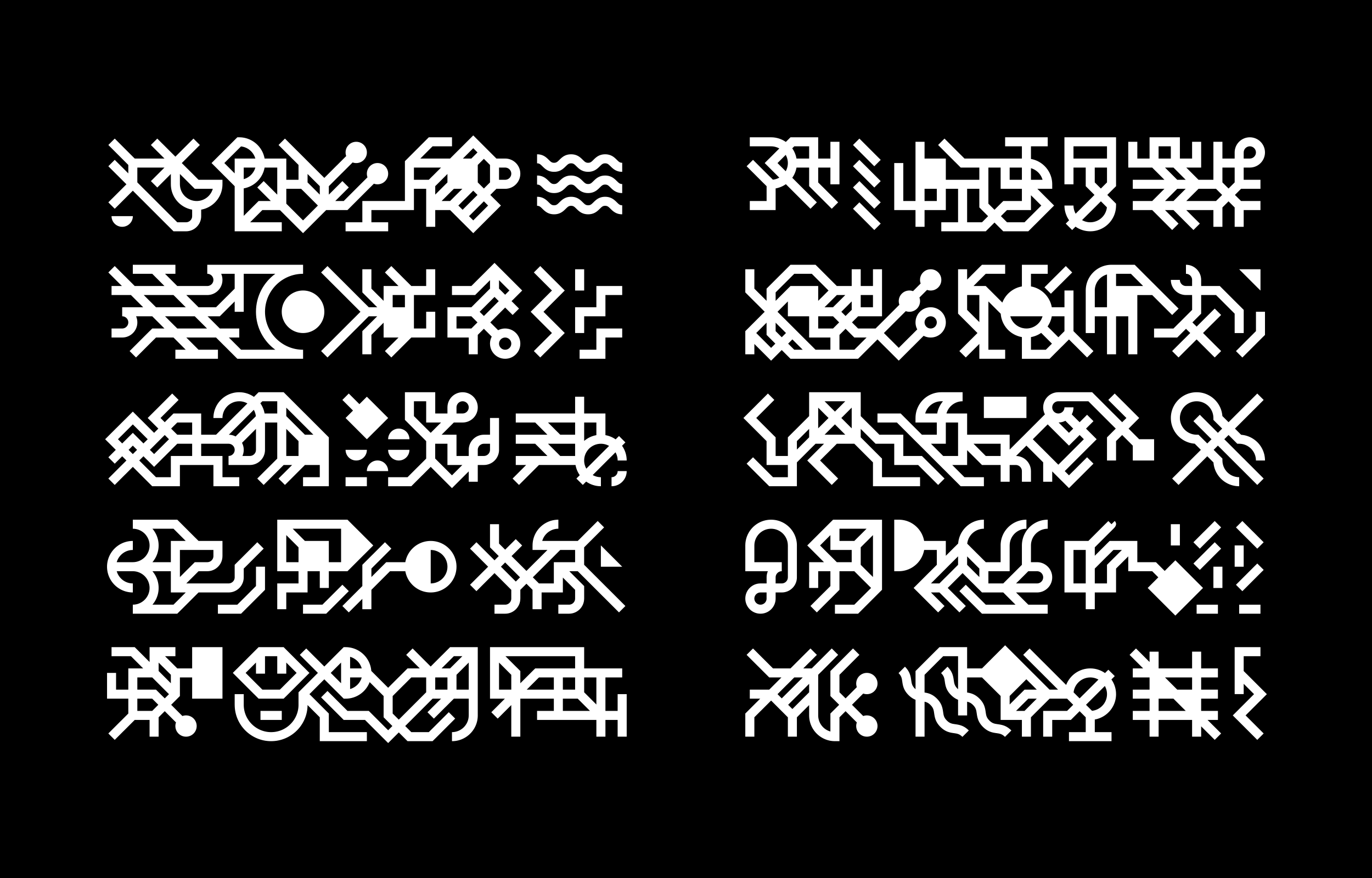 Two columns of white angular glyphs with circular accents on black