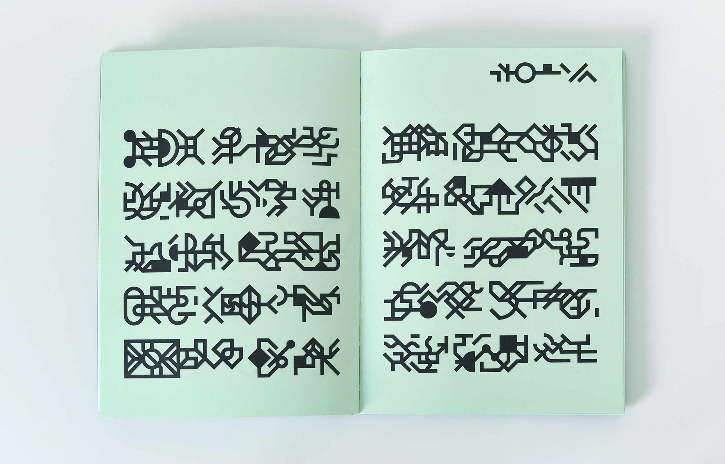 Open pale green booklet with two columns of black geometric glyphs