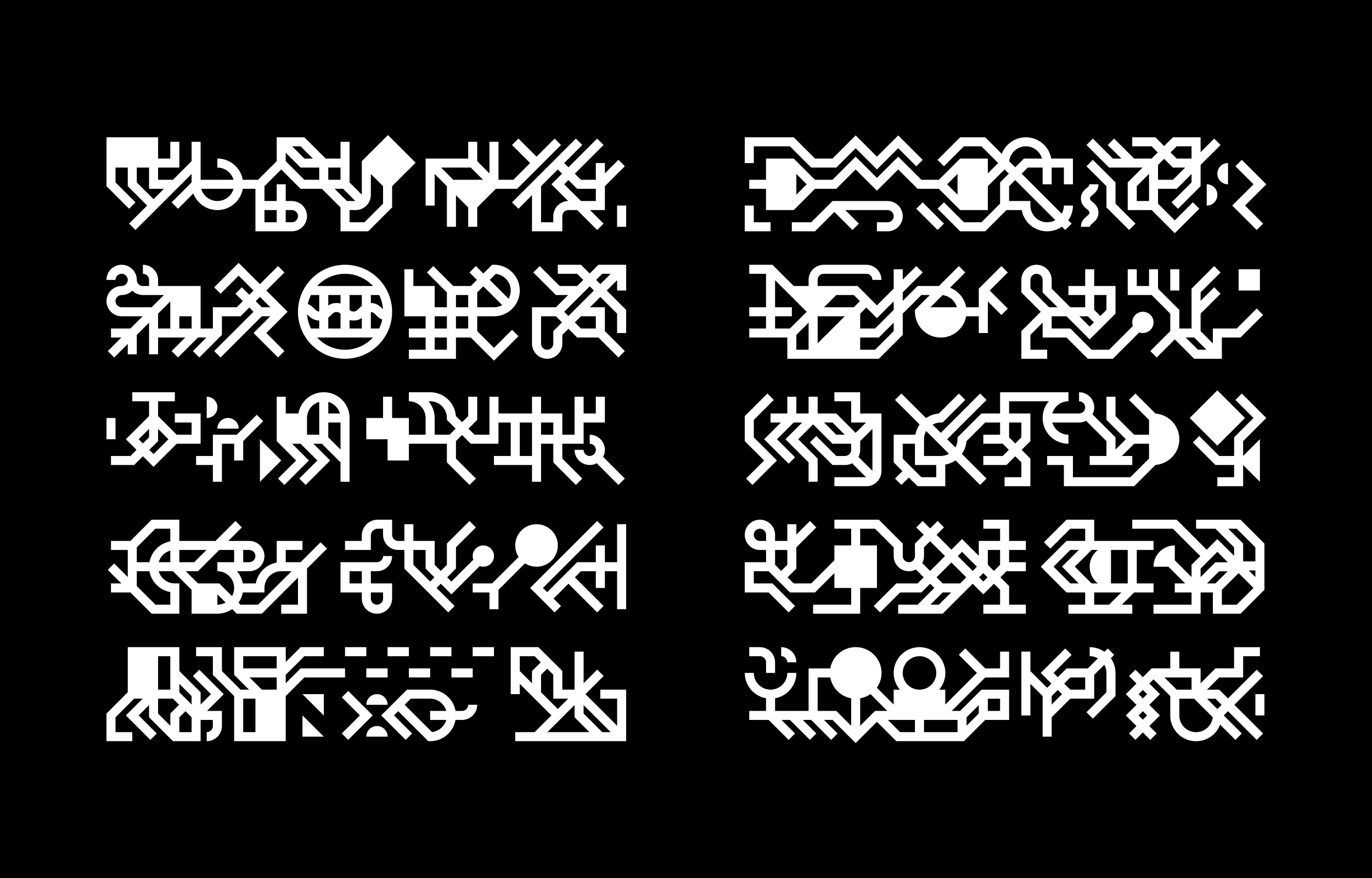 Two columns of white geometric glyphs with rounded and angular forms on black