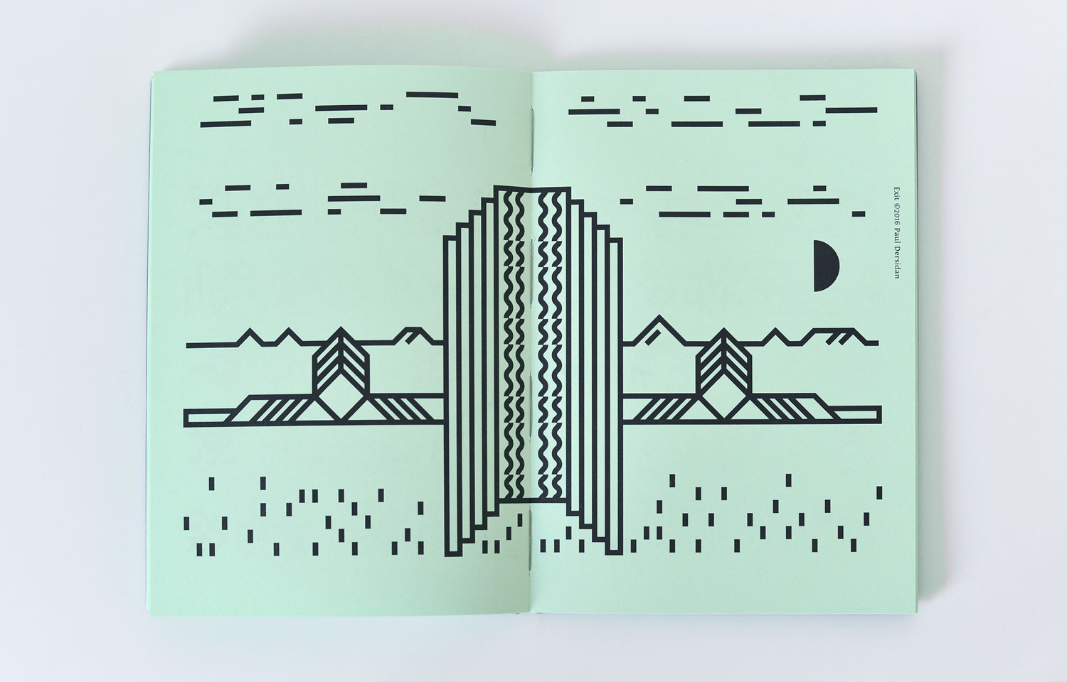 Open pale green booklet with a tall central doorway illustration