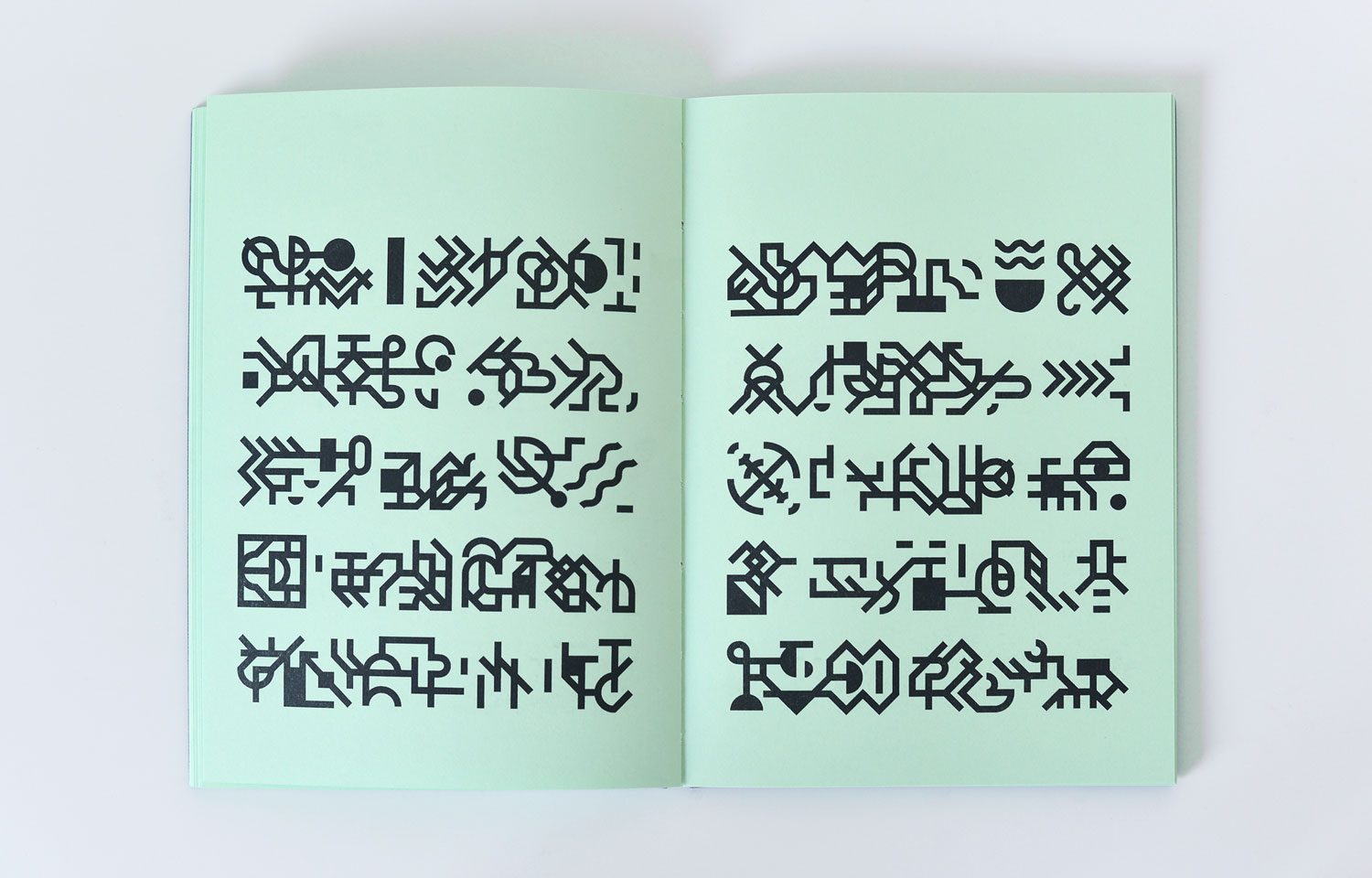 Open pale green booklet filled with two columns of black geometric glyphs