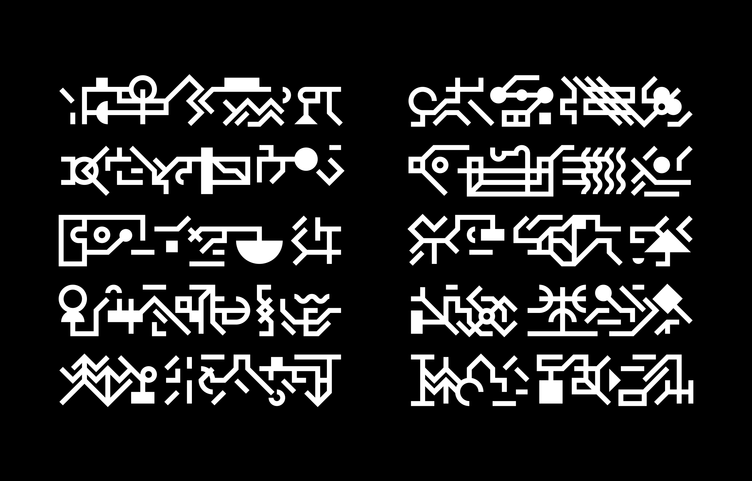 Two columns of white geometric glyphs on a black field