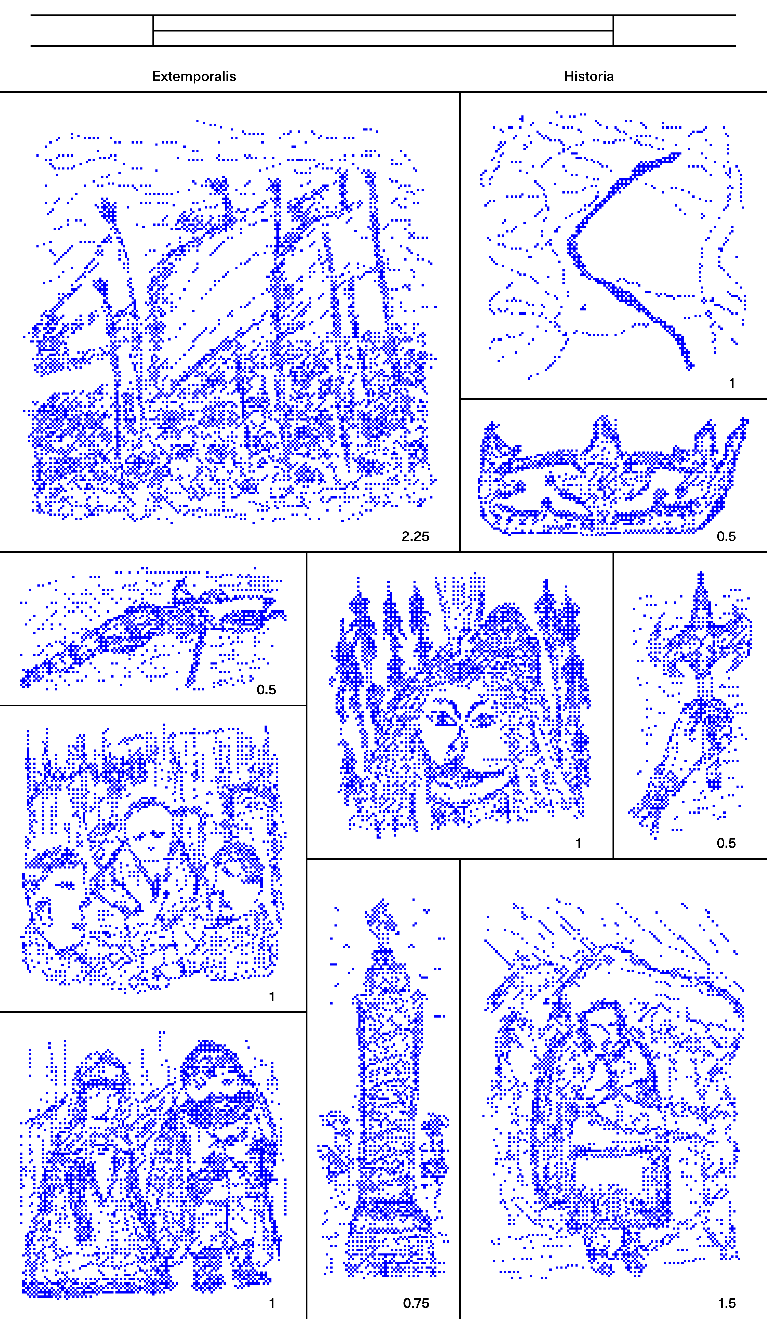 Blue dotted illustrations of landscapes, people and animals in a gridded page