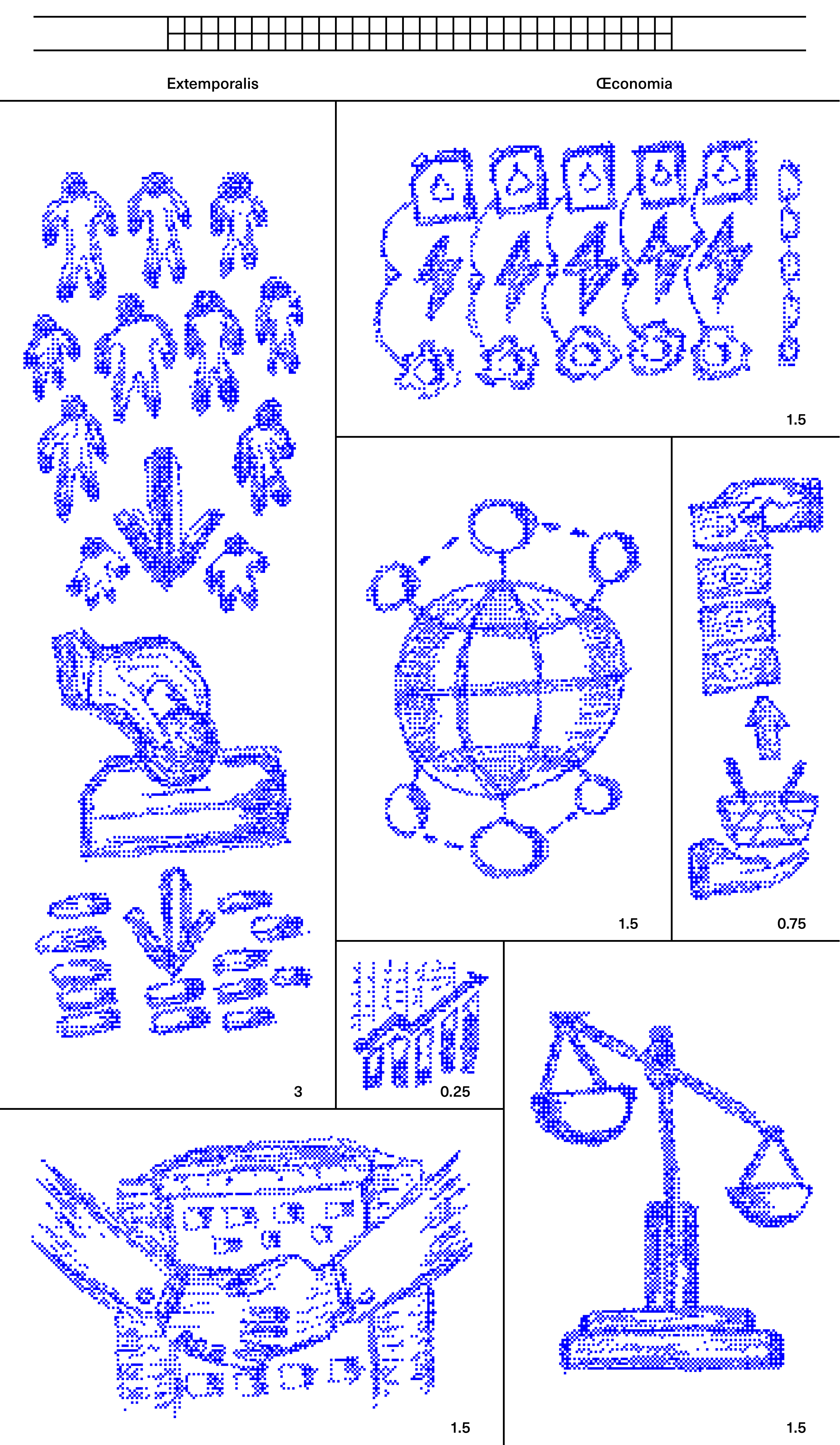 Blue dotted icons including figures, a turtle and scales in a gridded page