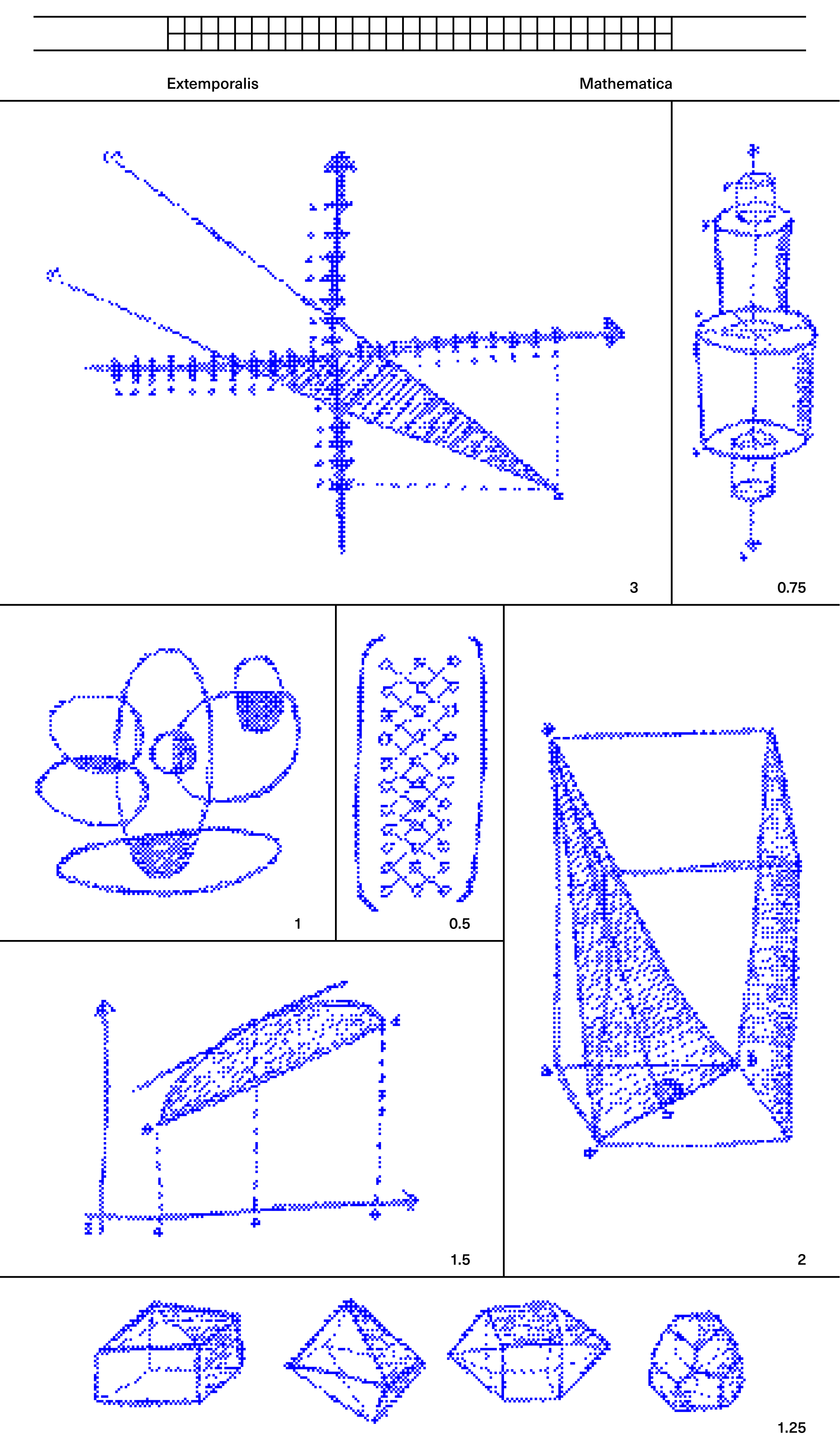 Blue dotted geometric diagrams and objects arranged in a gridded page