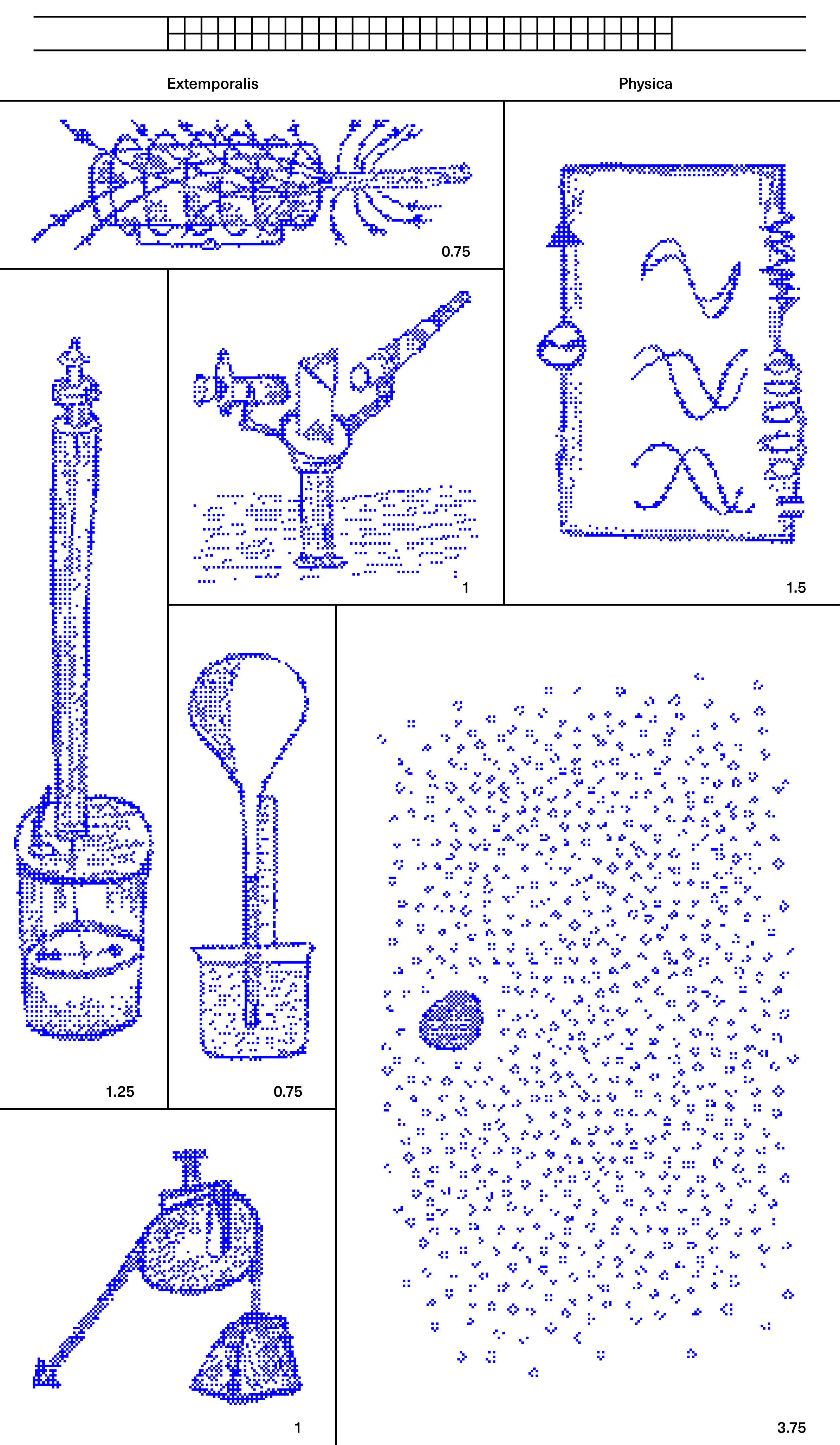 Blue dotted still-life objects, diagrams and a dense field of dots in a gridded page