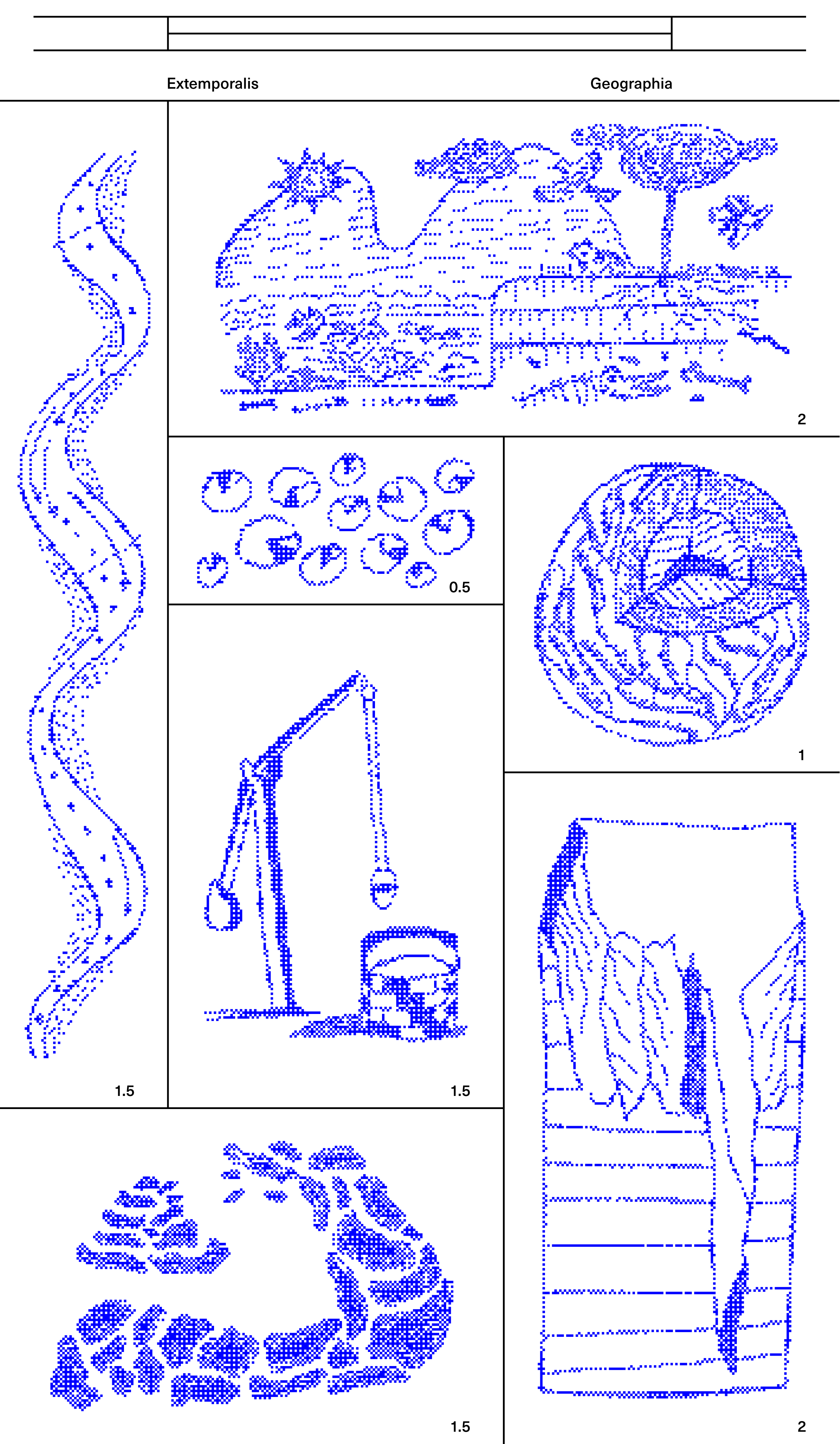 Blue dotted natural forms, waves and architectural fragments in a gridded page