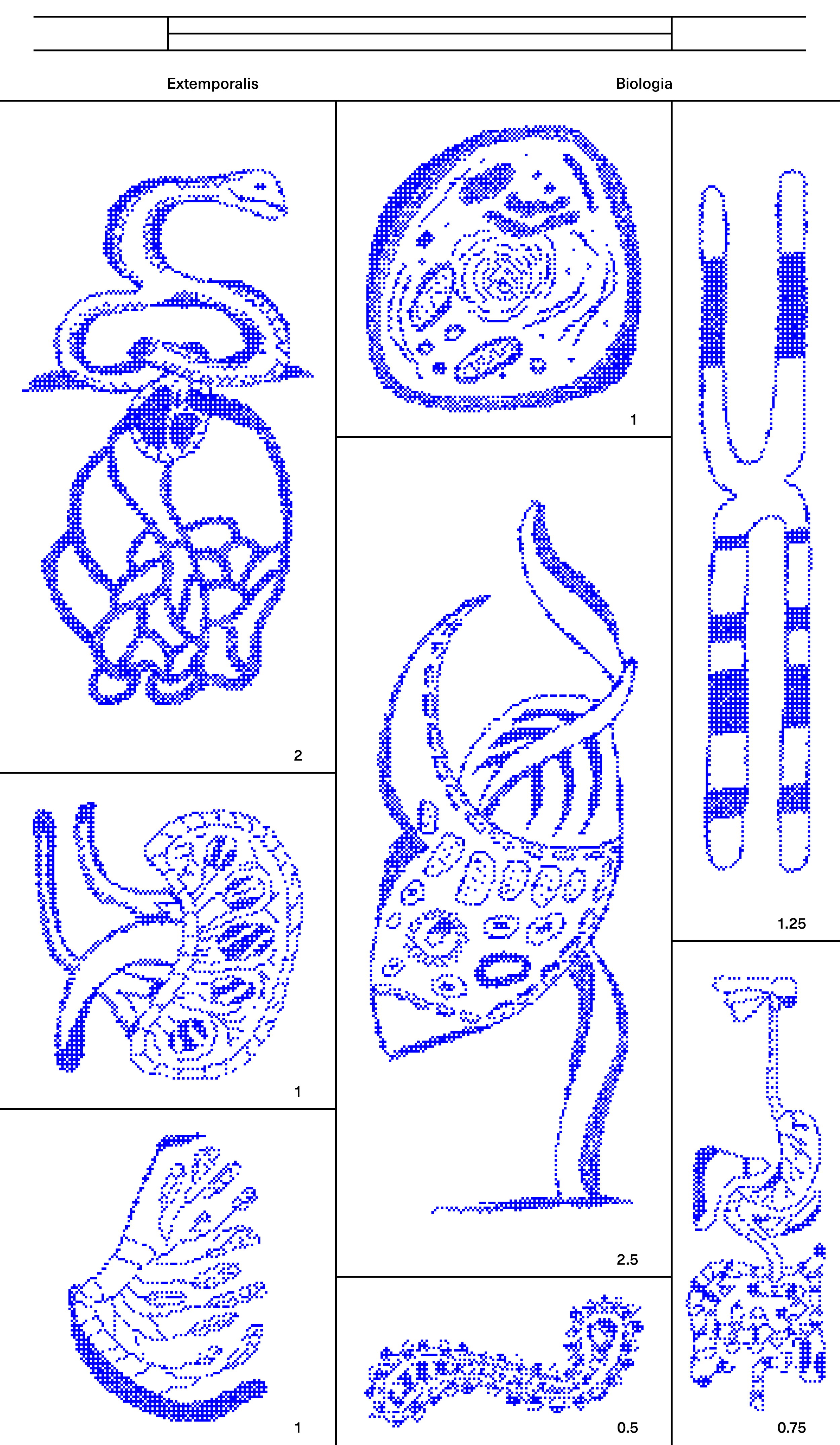 Blue dotted organic forms, animals and utensils in a tall gridded page