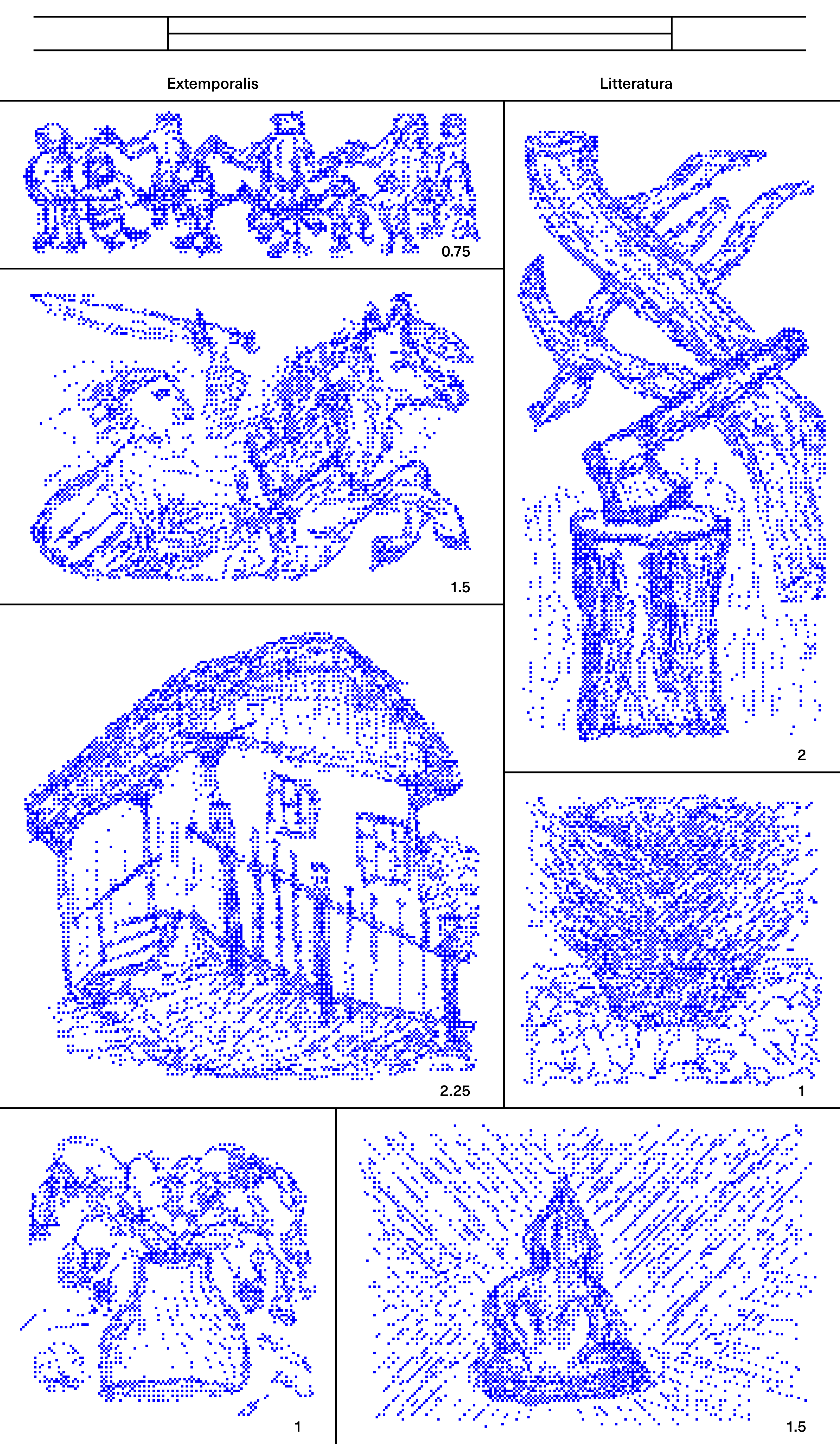 Blue dotted illustrations of animals, a hut and a fire arranged in a gridded page