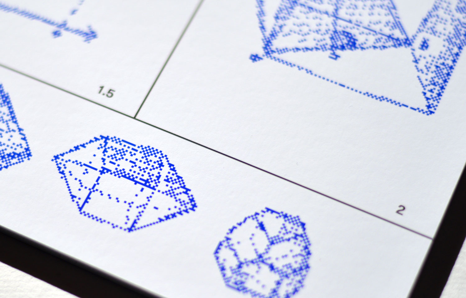 Close-up of blue dotted geometric crystals and angular diagrams
