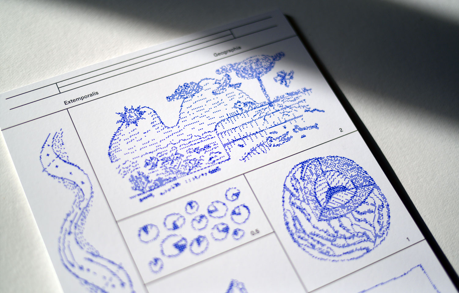 Close-up of blue dotted natural forms, waves and circular pattern drawings