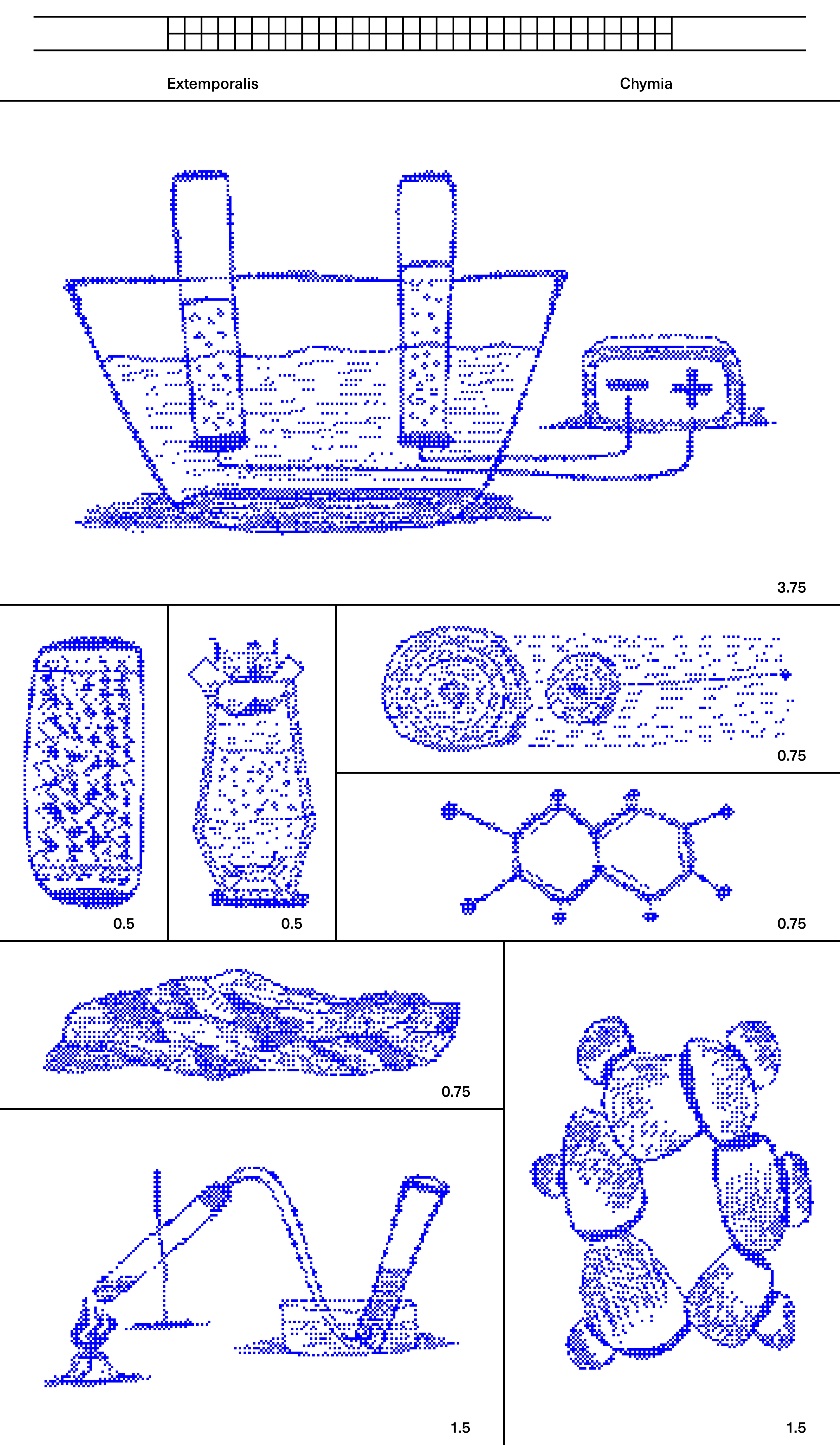Blue dotted boat, jars, tools and molecule-like forms in a gridded page