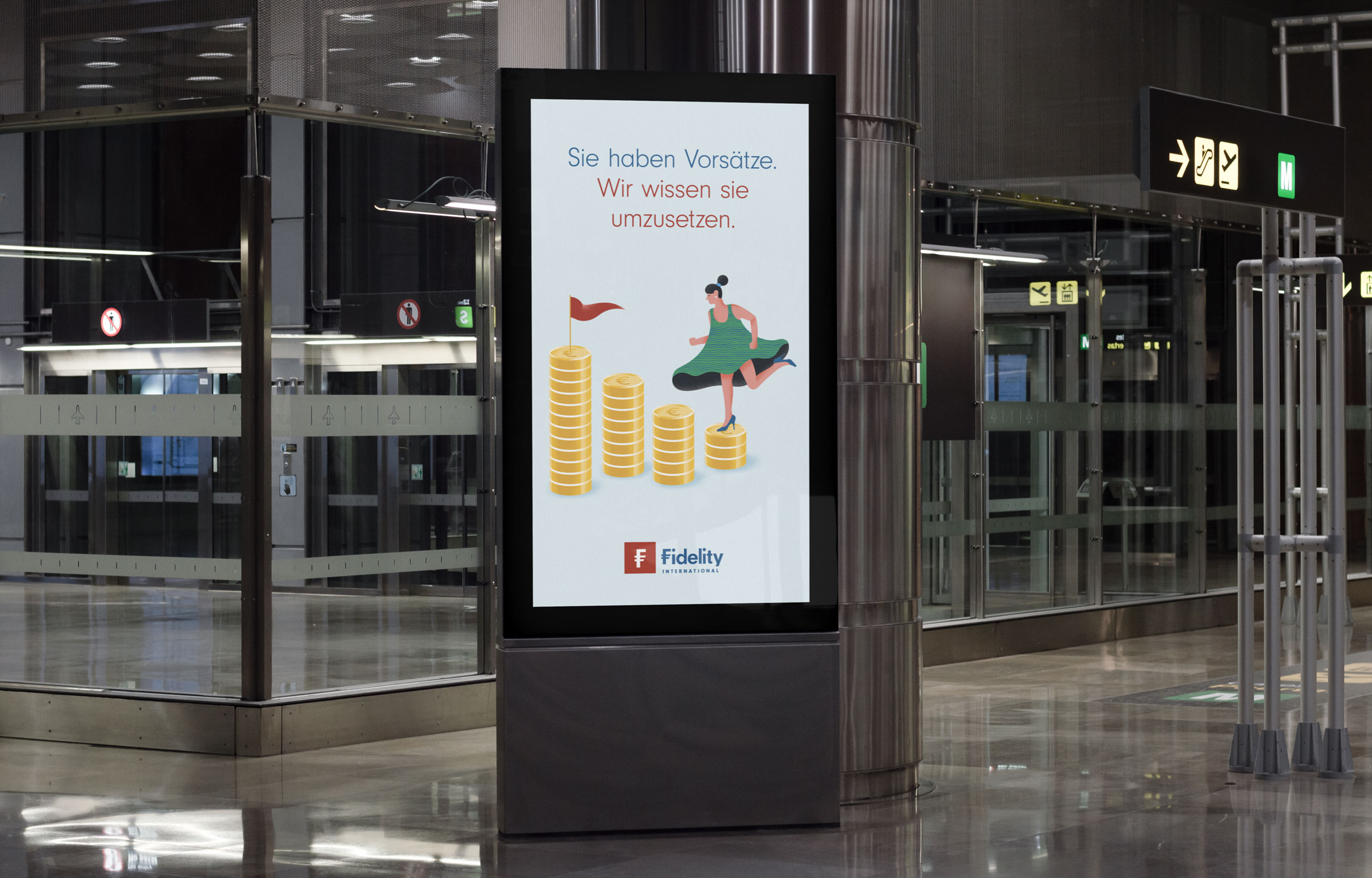 Fidelity coin-stack poster displayed in a black transit advertising case