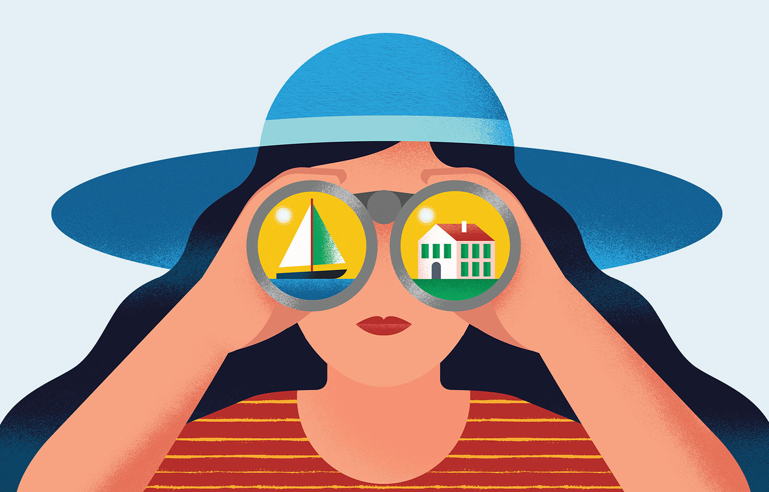 Illustration of a person in a blue hat looking through binoculars