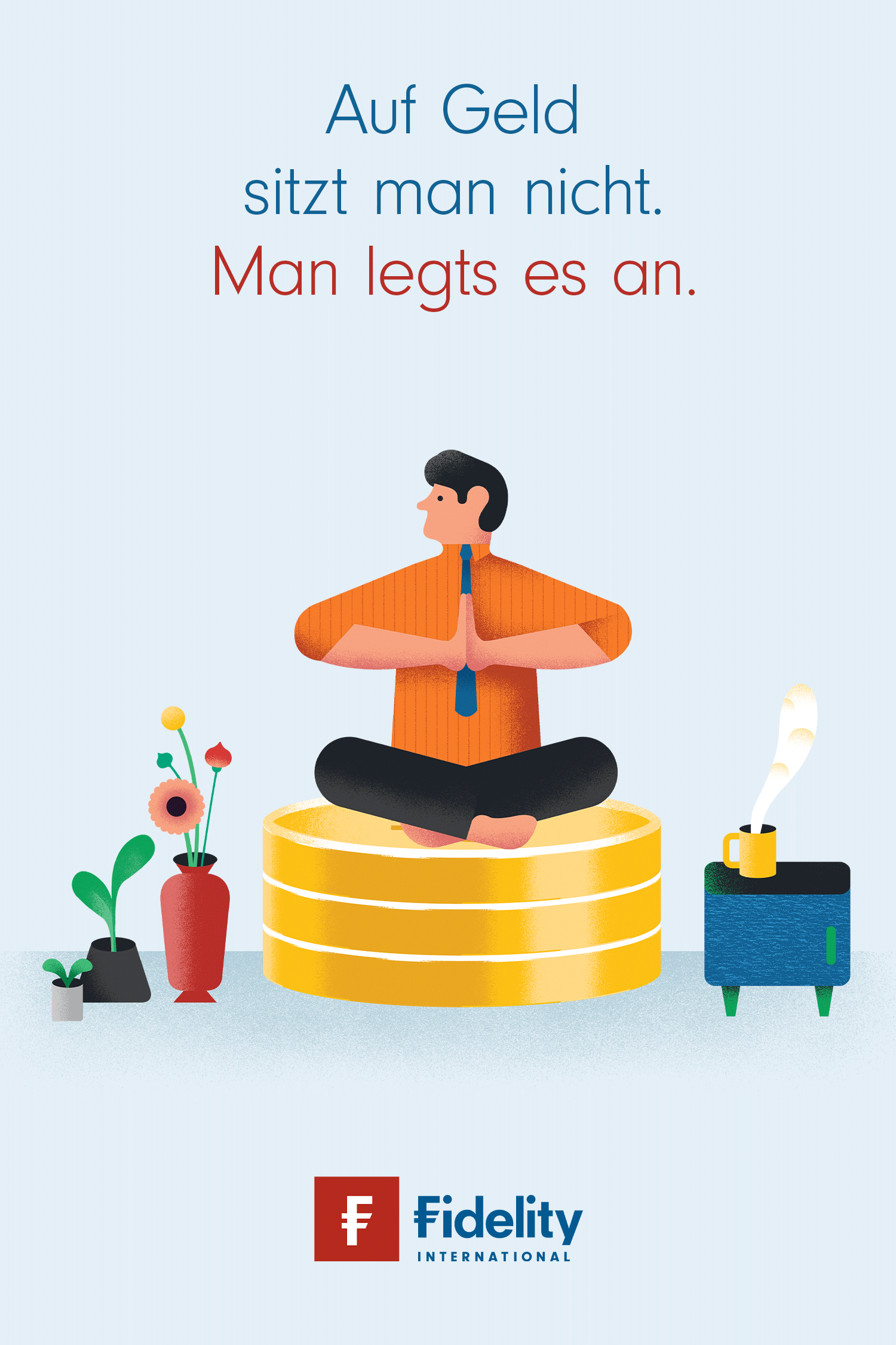 Fidelity poster of a seated person atop gold coins with houseplants and a suitcase