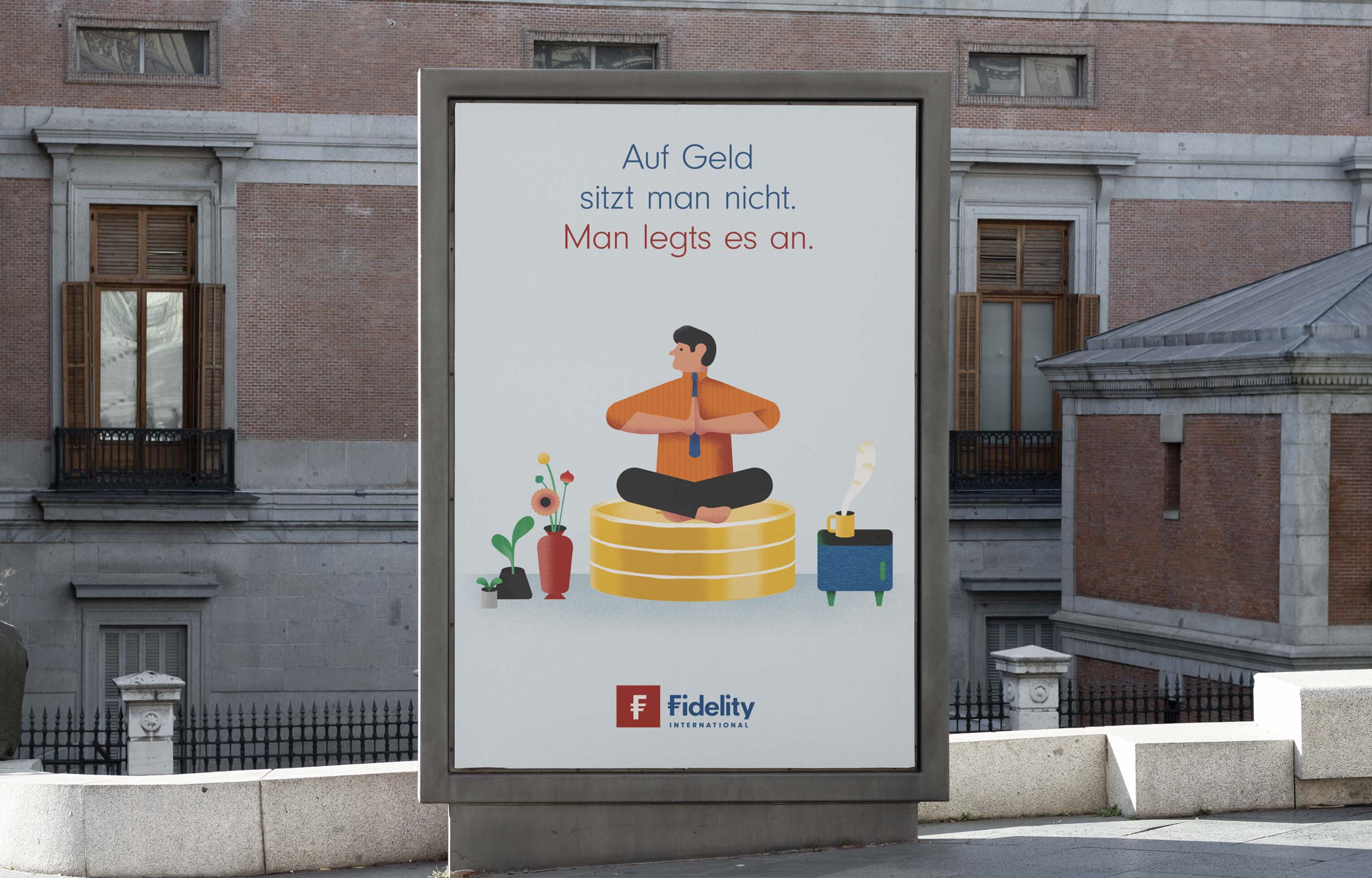 Fidelity coin-stack poster displayed on a freestanding outdoor billboard