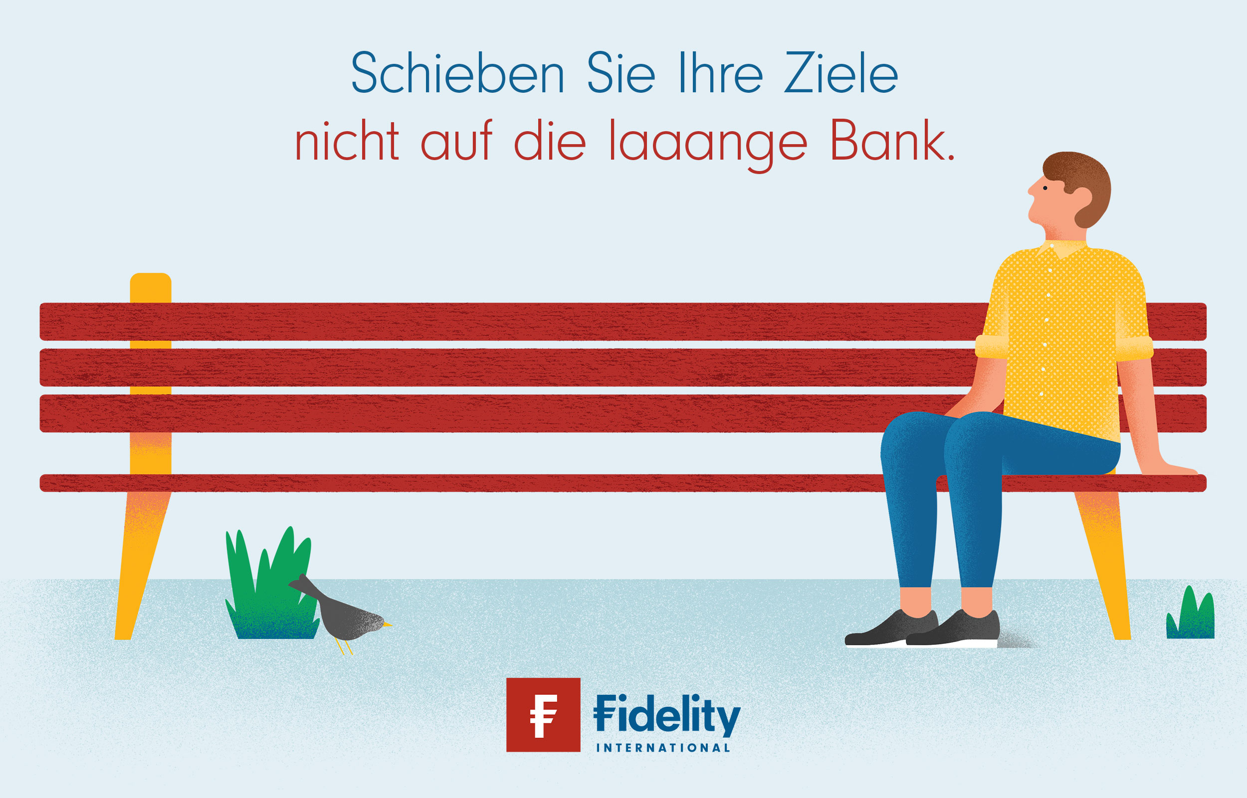 Fidelity poster showing a person seated on a red bench with German headline text