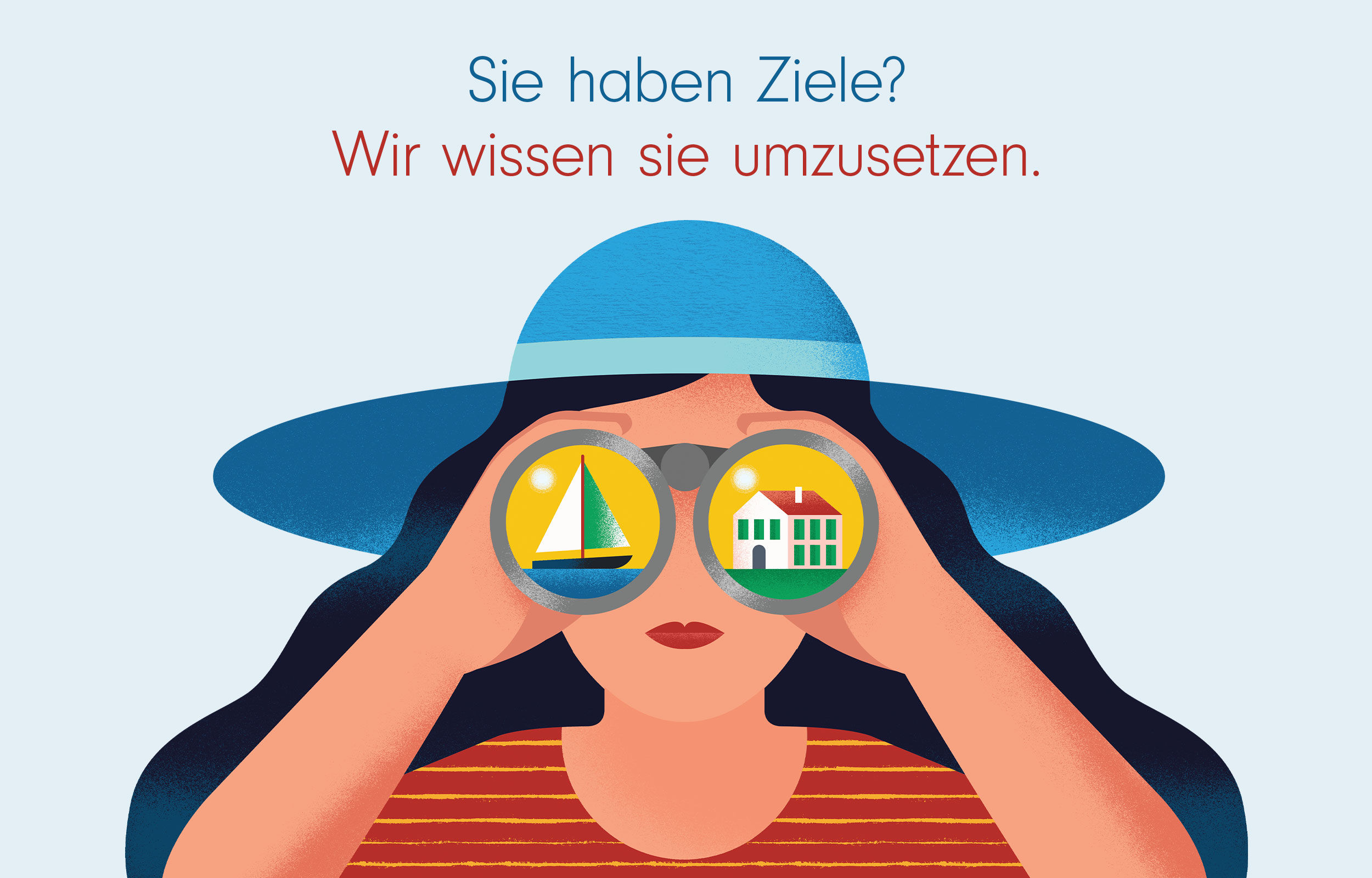Fidelity poster of a woman looking through binoculars with illustrated landscape lenses