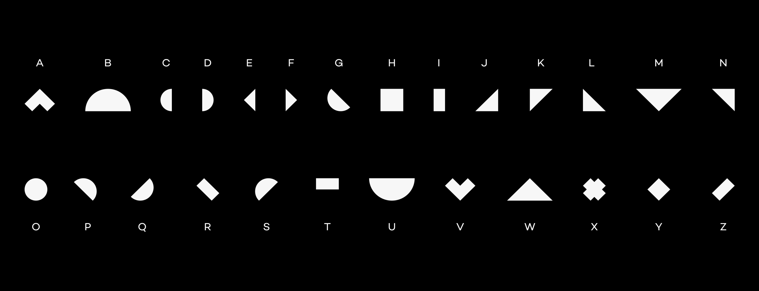 Two horizontal rows of white geometric glyph fragments on black