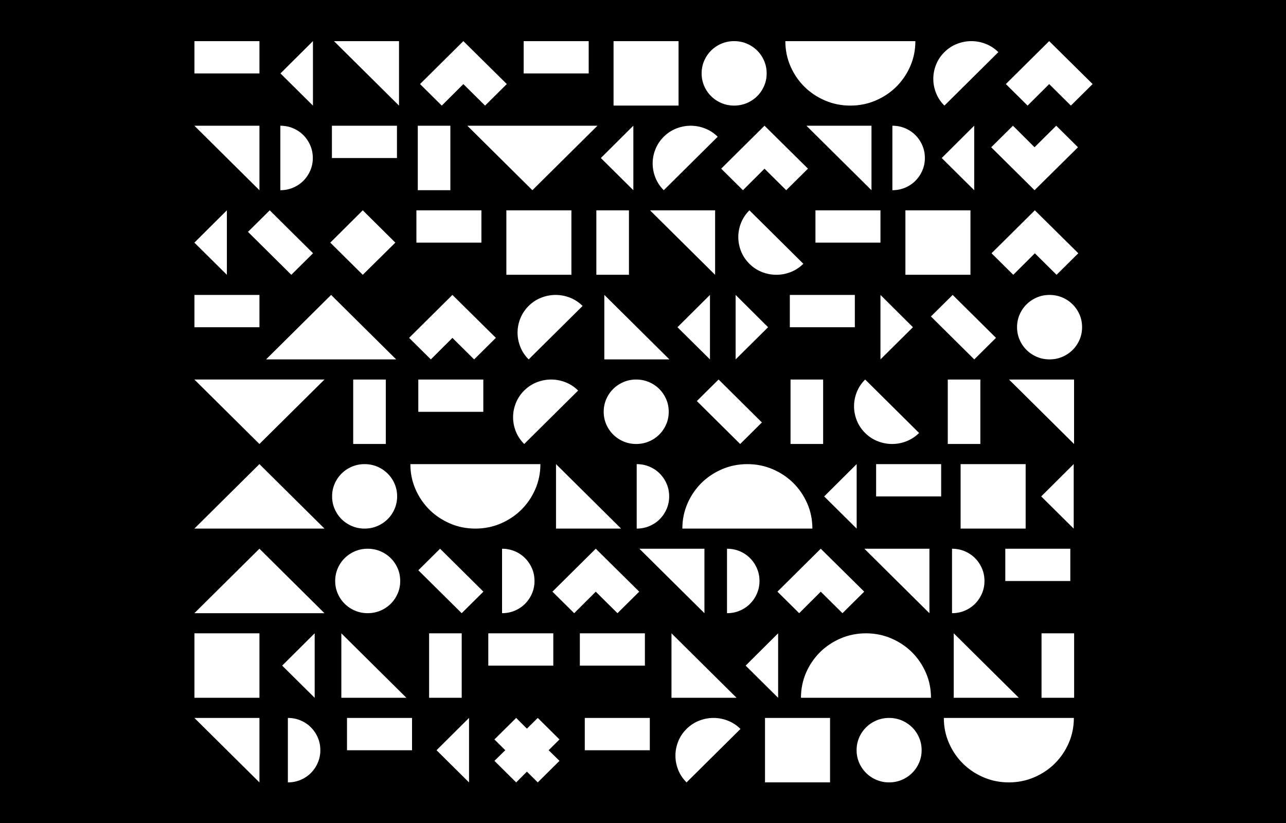 Grid of white geometric shapes and symbols on a black square