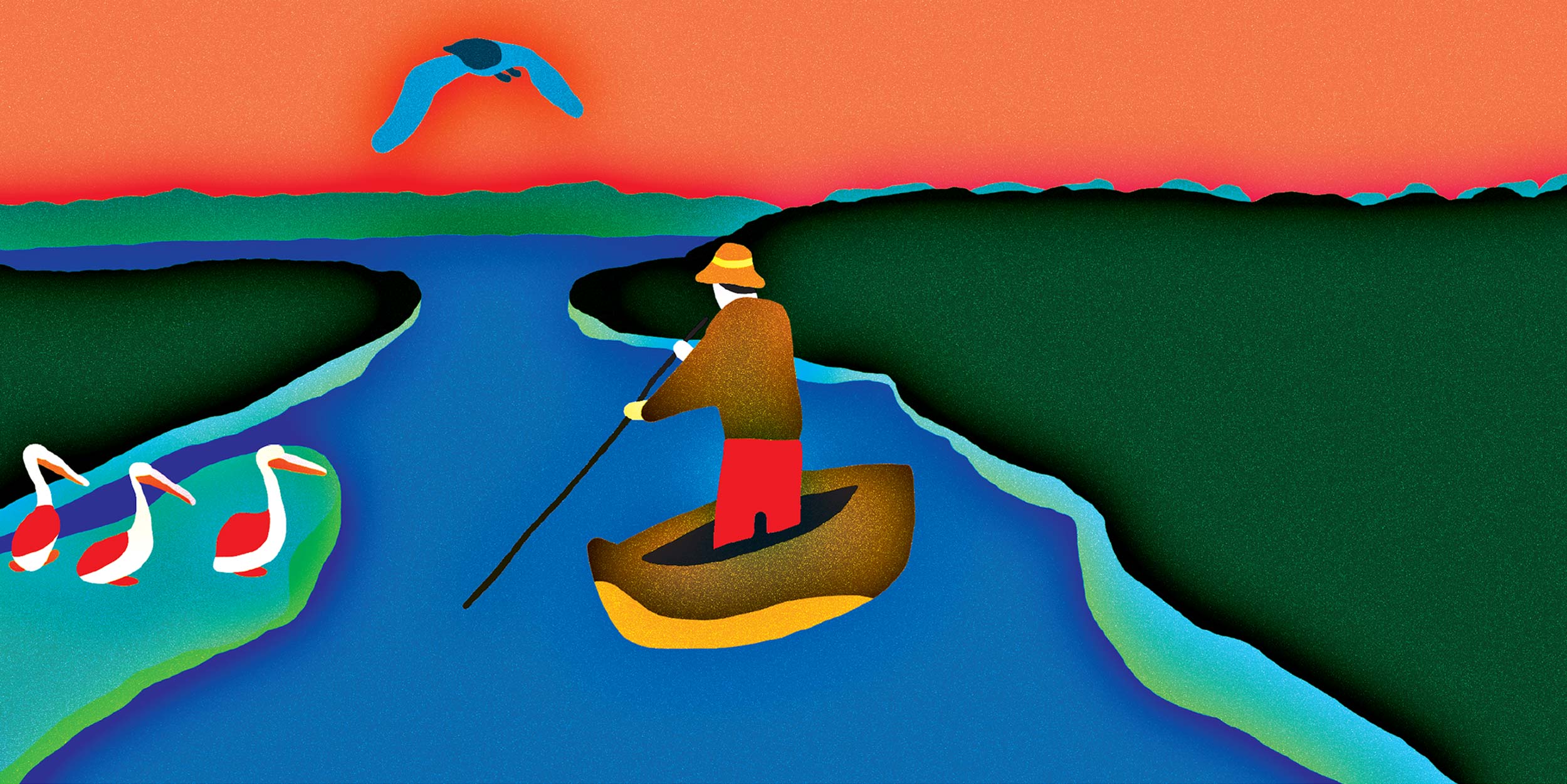 Colourful illustration of a person in a yellow canoe on blue water