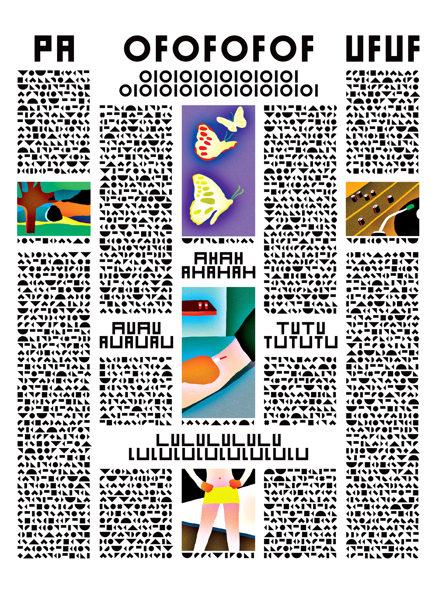 Newspaper-style page with three colourful abstract illustrations and patterned text columns