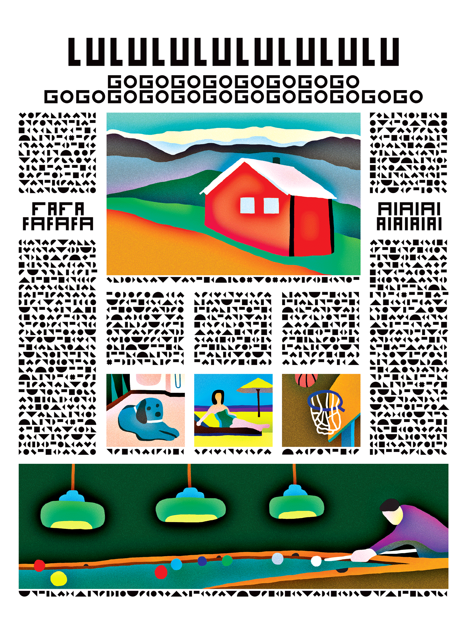 Newspaper-style page with a red house landscape and colourful picture strip
