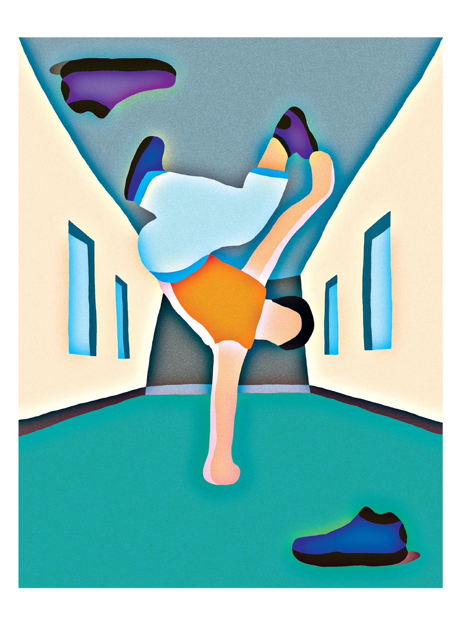 Pastel abstract illustration of a figure in an angular interior