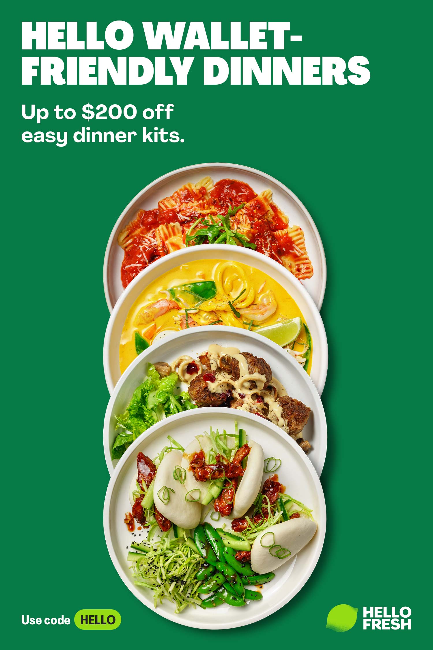 Three plated meals on a green HelloFresh wallet-friendly dinners poster