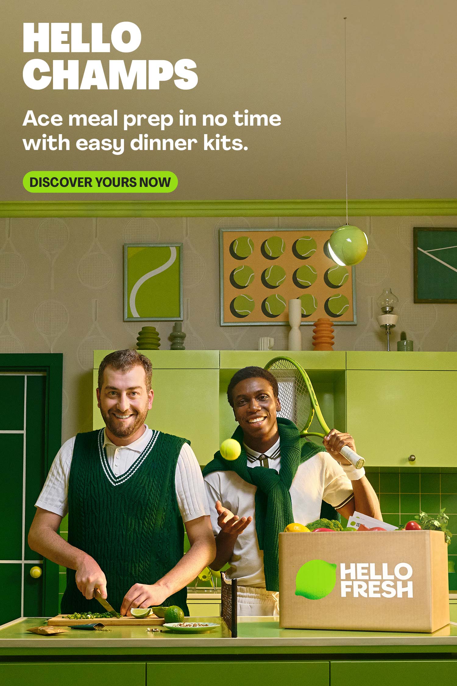 Two cooks in a green kitchen on a HelloFresh Hello Champs poster