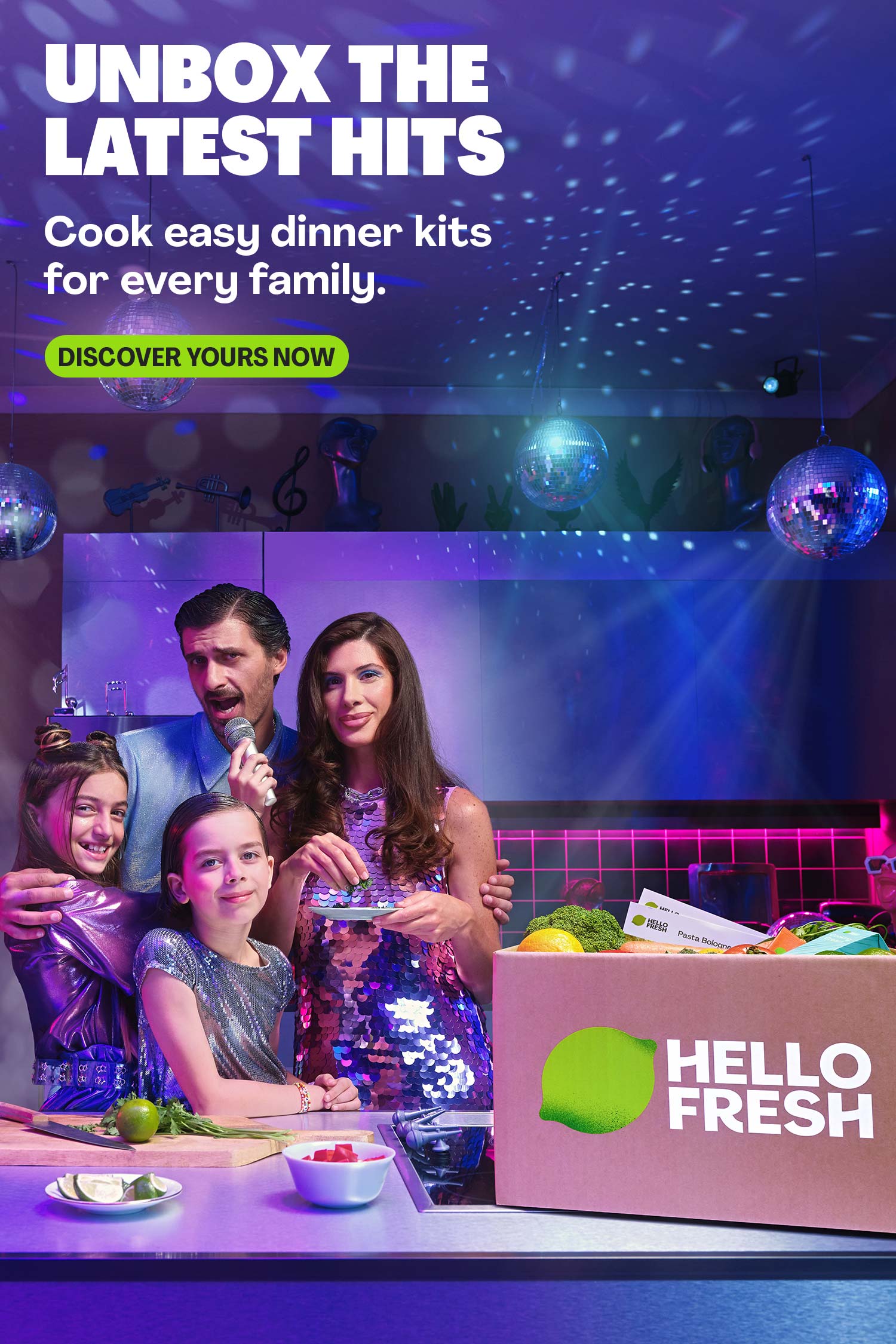 Purple HelloFresh Unbox the Latest Hits poster with a family dinner scene