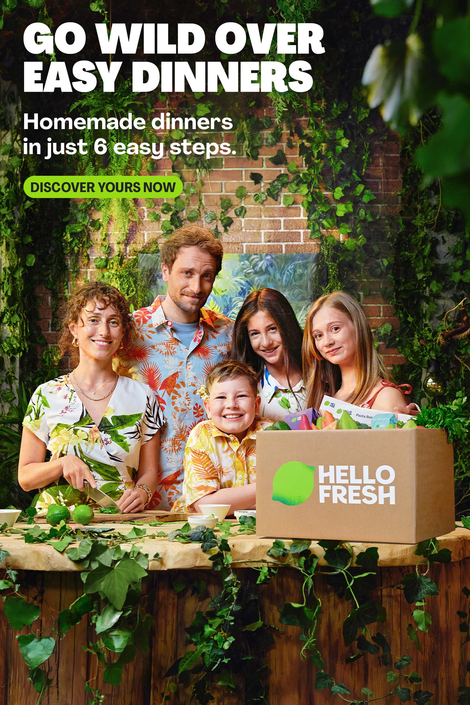Family at a garden table on a HelloFresh Go Wild Over Easy Dinners poster